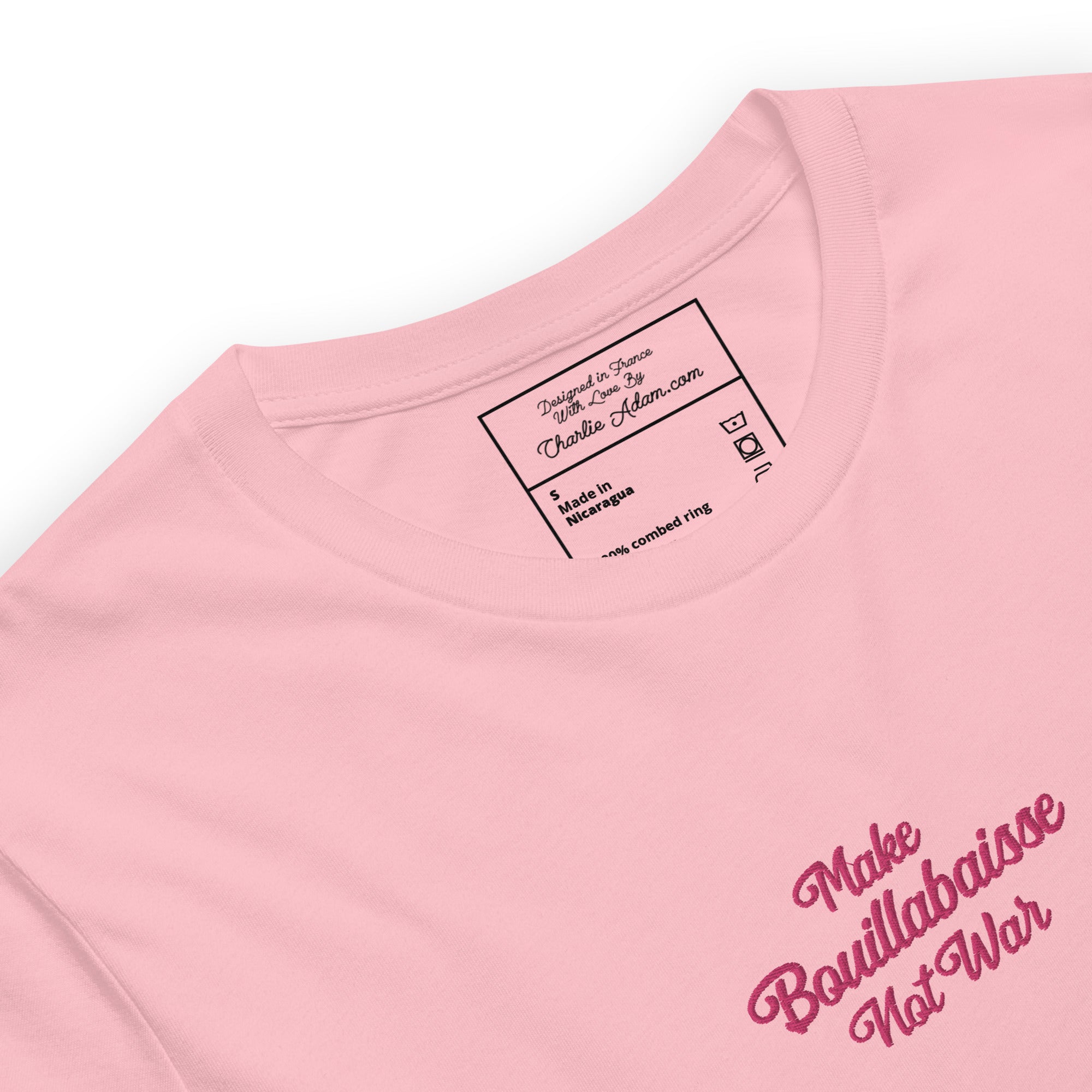 Unisex t-shirt Make Bouillabaisse Not War Text Only flamingo embroidered pattern on light colors