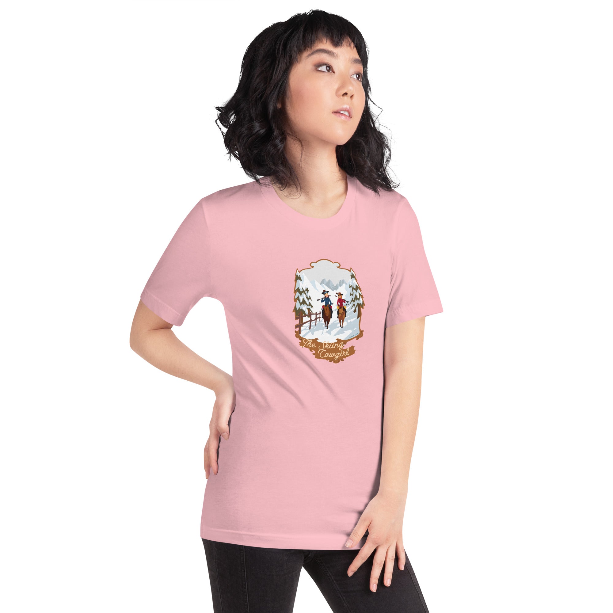 T-shirt en coton unisexe The Skiing Cowgirl sur fond clair