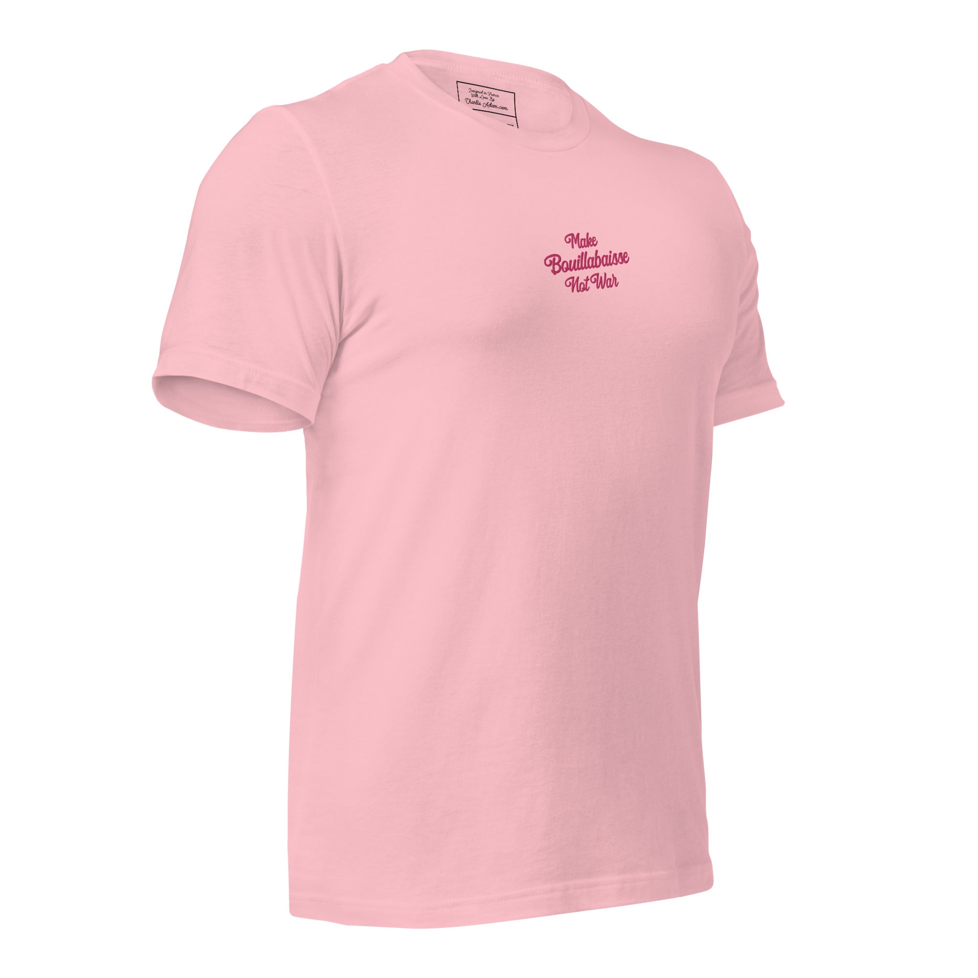 T-shirt en coton unisexe Make Bouillabaisse Not War Text Only brodé flamingo sur couleurs claires