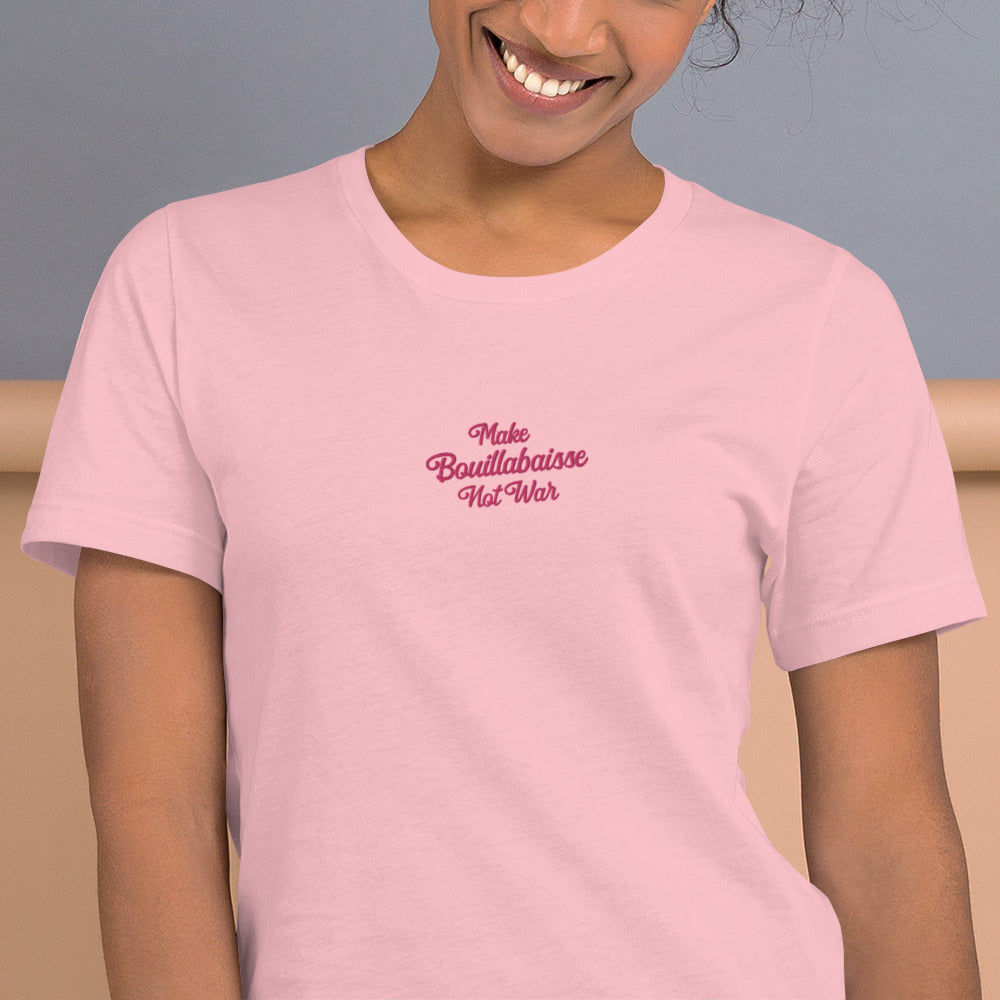 Unisex t-shirt Make Bouillabaisse Not War Text Only flamingo embroidered pattern on light colors