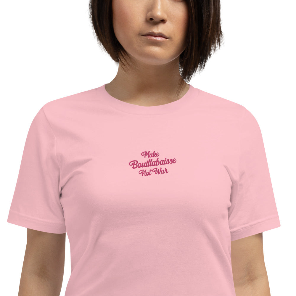 T-shirt en coton unisexe Make Bouillabaisse Not War Text Only brodé flamingo sur couleurs claires