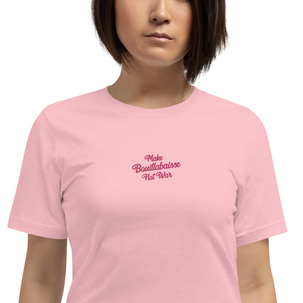 Unisex t-shirt Make Bouillabaisse Not War Text Only flamingo embroidered pattern on light colors