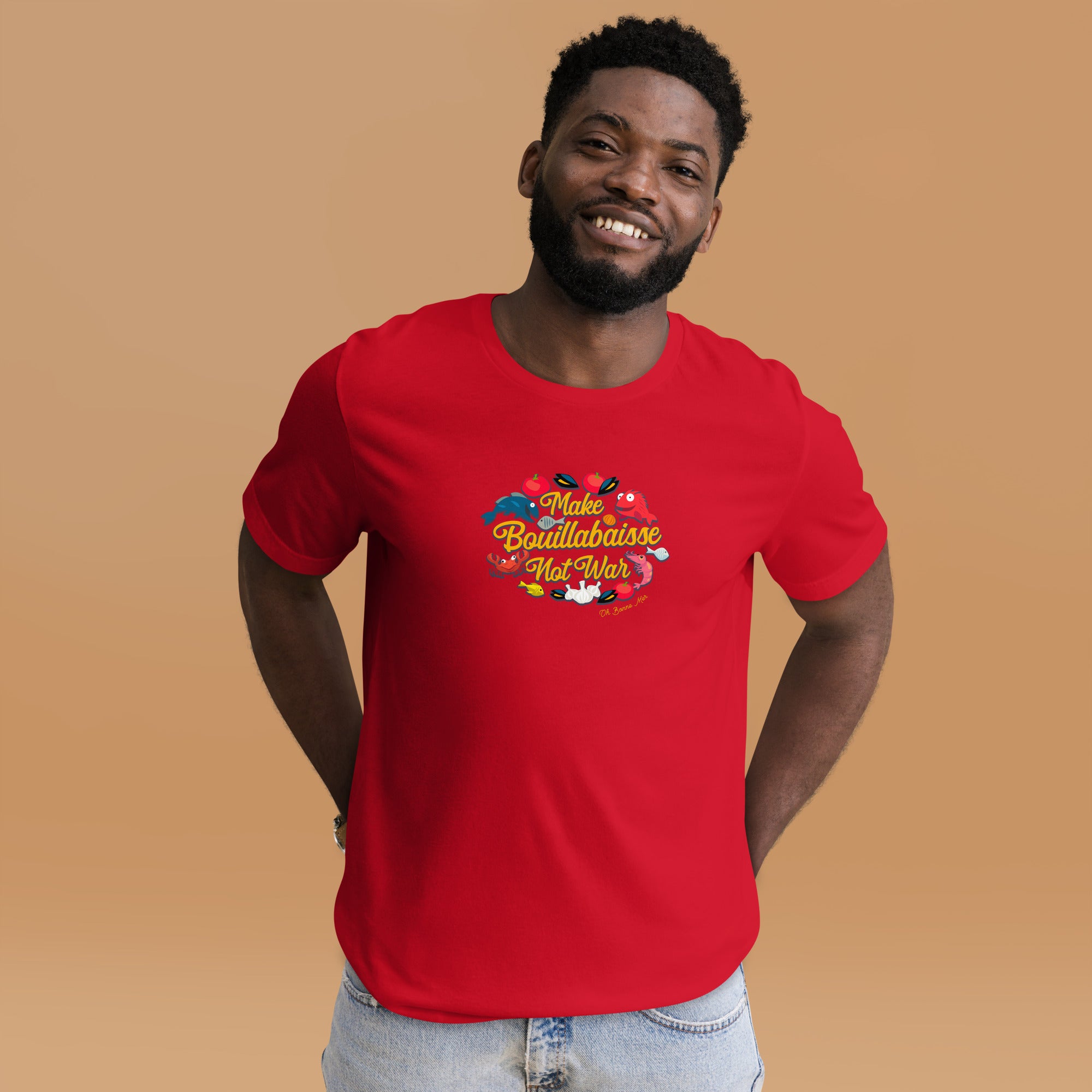 T-shirt en coton unisexe Make Bouillabaisse Not War sur couleurs vives