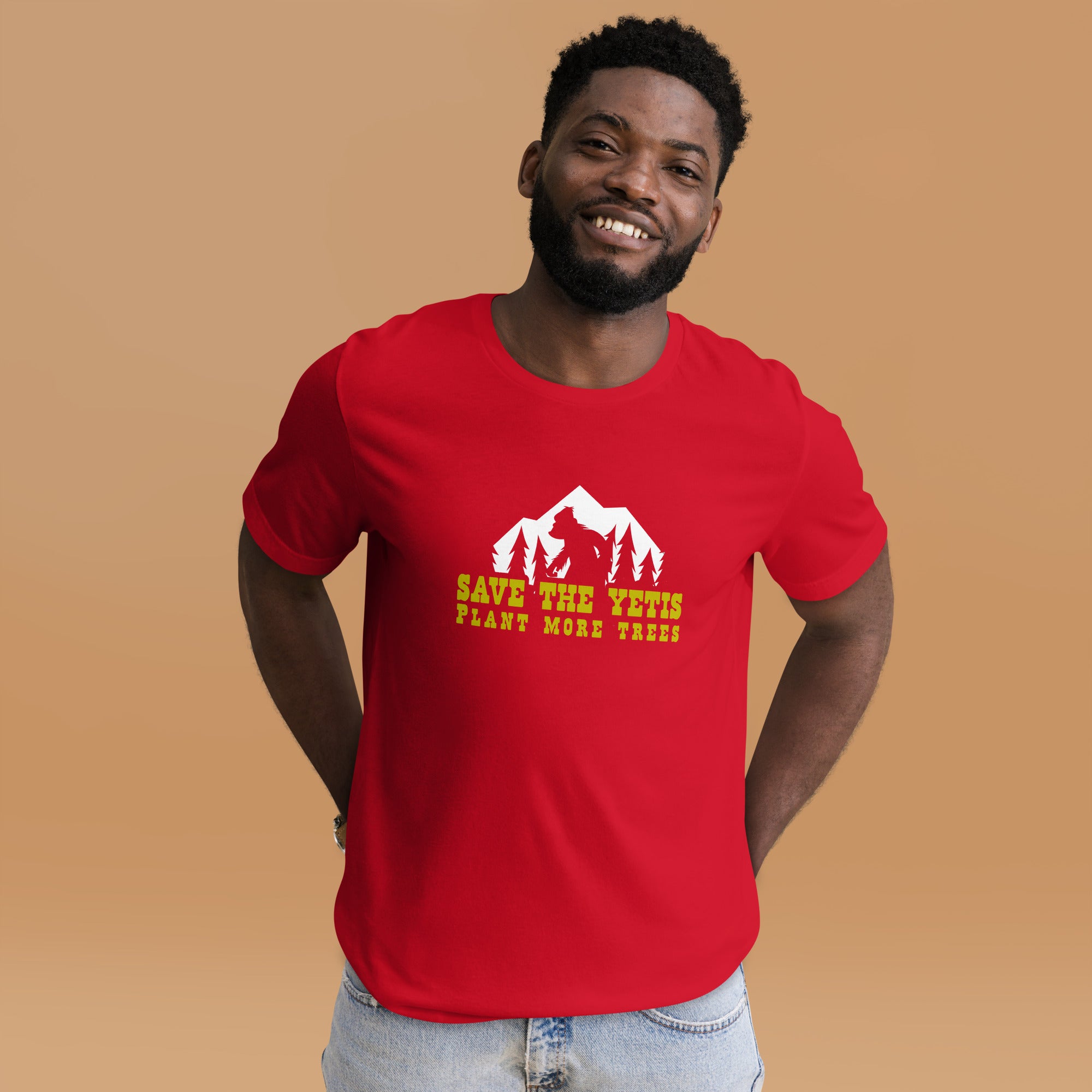 T-shirt en coton unisexe Save the Yetis Plant more Trees sur couleurs vives (face & dos)