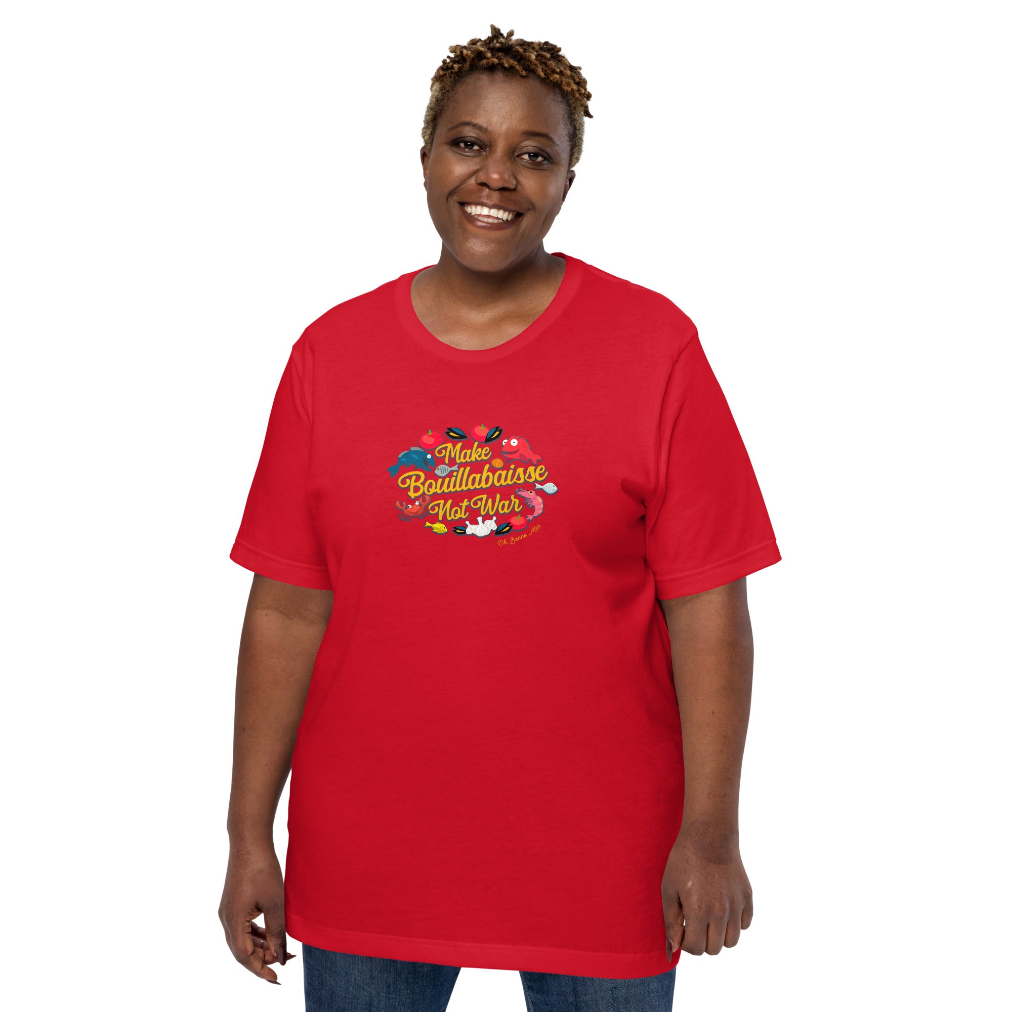 T-shirt en coton unisexe Make Bouillabaisse Not War sur couleurs vives