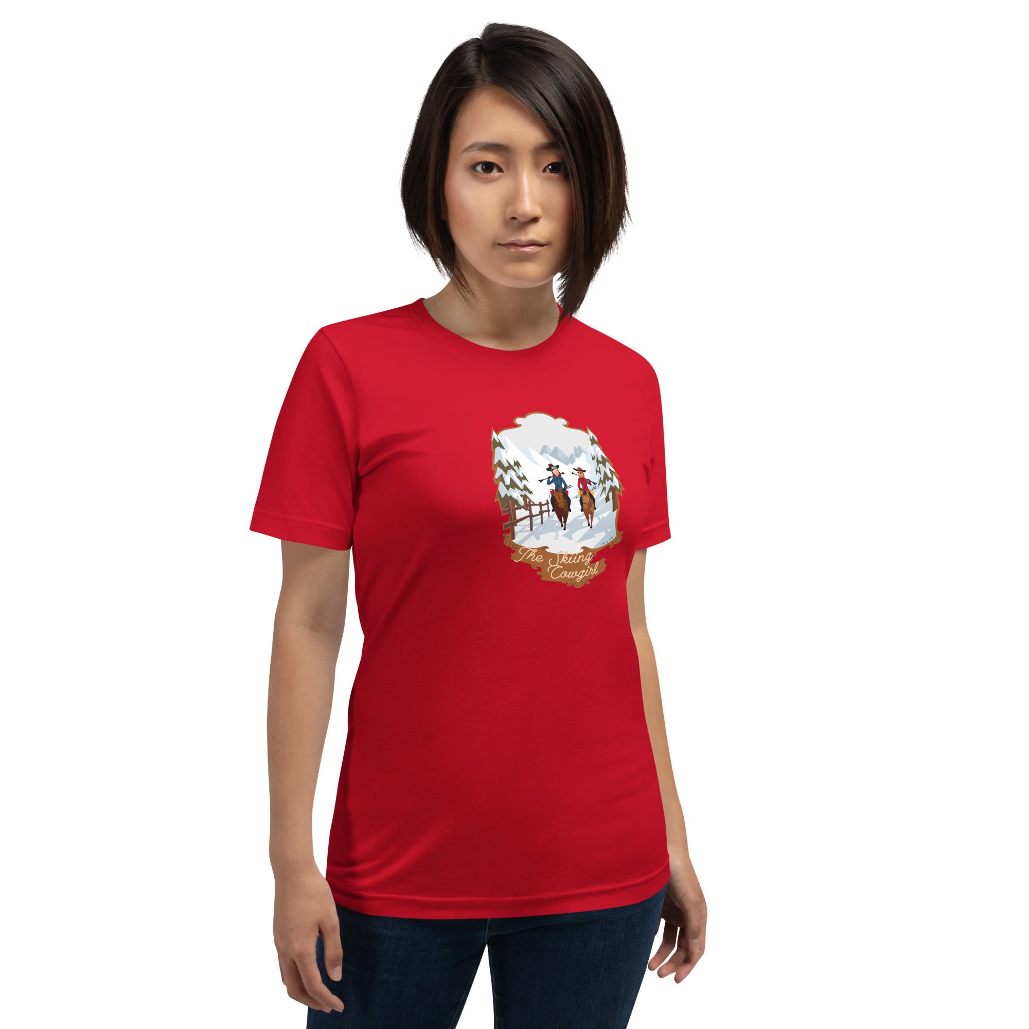 Unisex cotton t-shirt The Skiing Cowgirl on bright colors