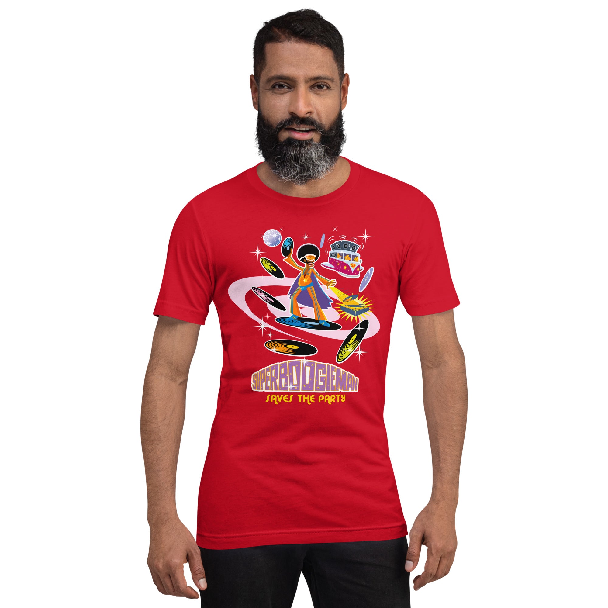 T-shirt en coton unisexe Superboogieman saves the party sur couleurs vives