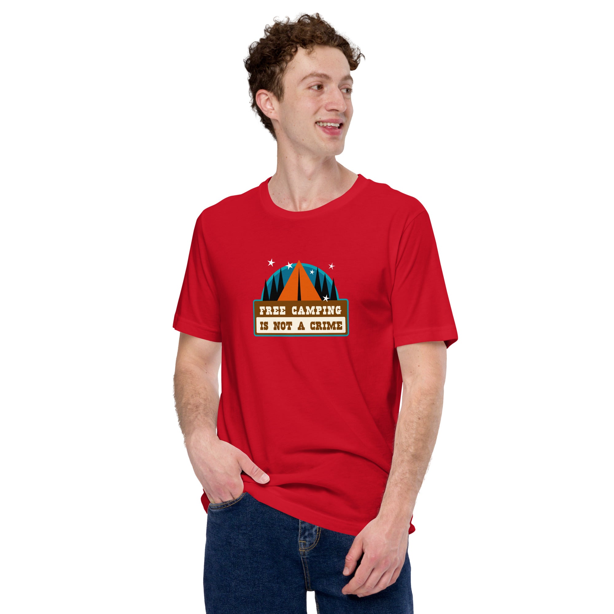 Unisex cotton t-shirt Free Camping is not a Crime on bright colors