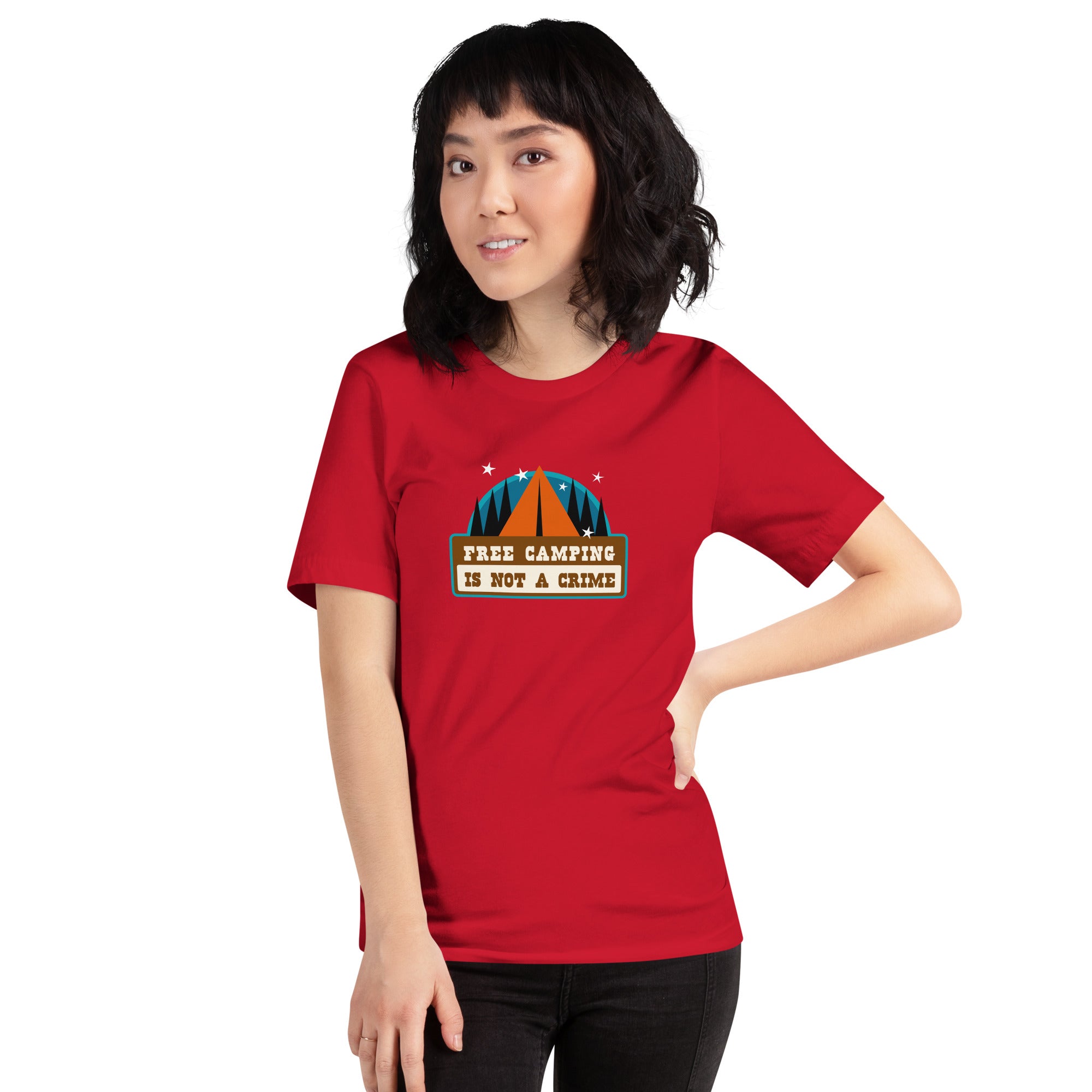 Unisex cotton t-shirt Free Camping is not a Crime on bright colors