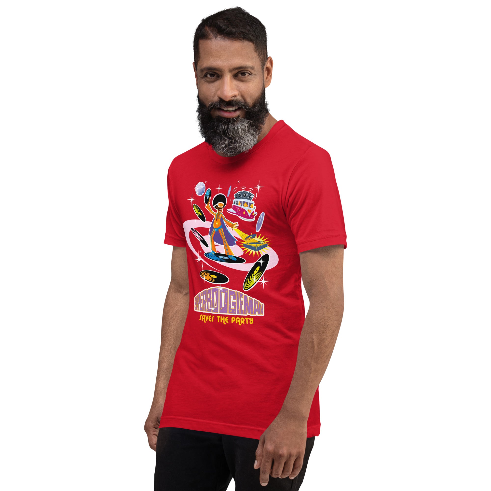 T-shirt en coton unisexe Superboogieman saves the party sur couleurs vives