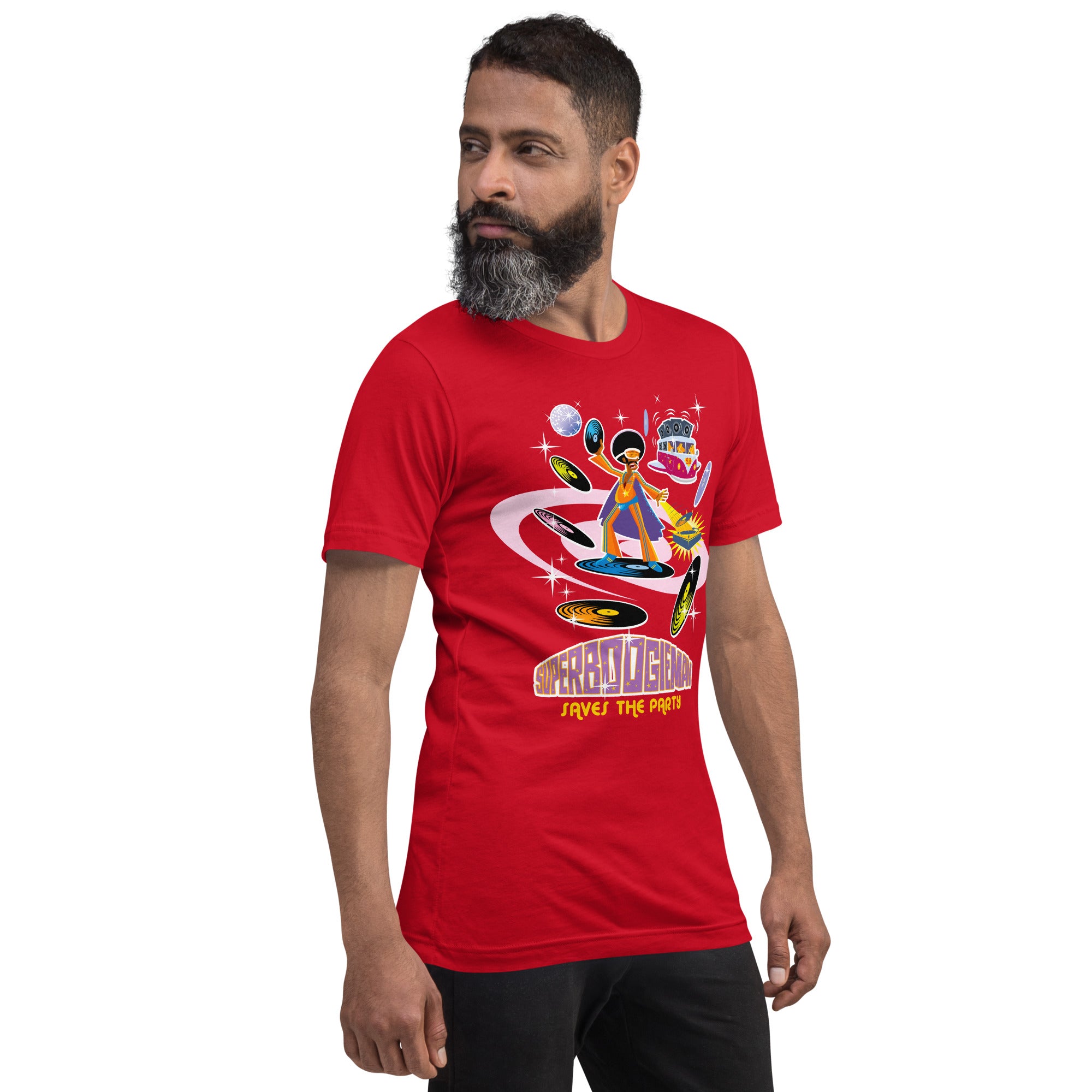 Unisex cotton t-shirt Superboogieman saves the Party on bright colors