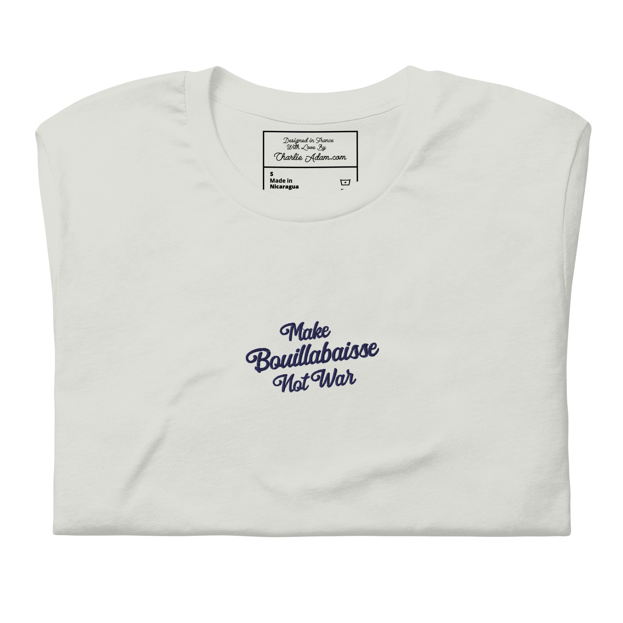 T-shirt en coton unisexe Make Bouillabaisse Not War Navy brodé sur couleurs claires