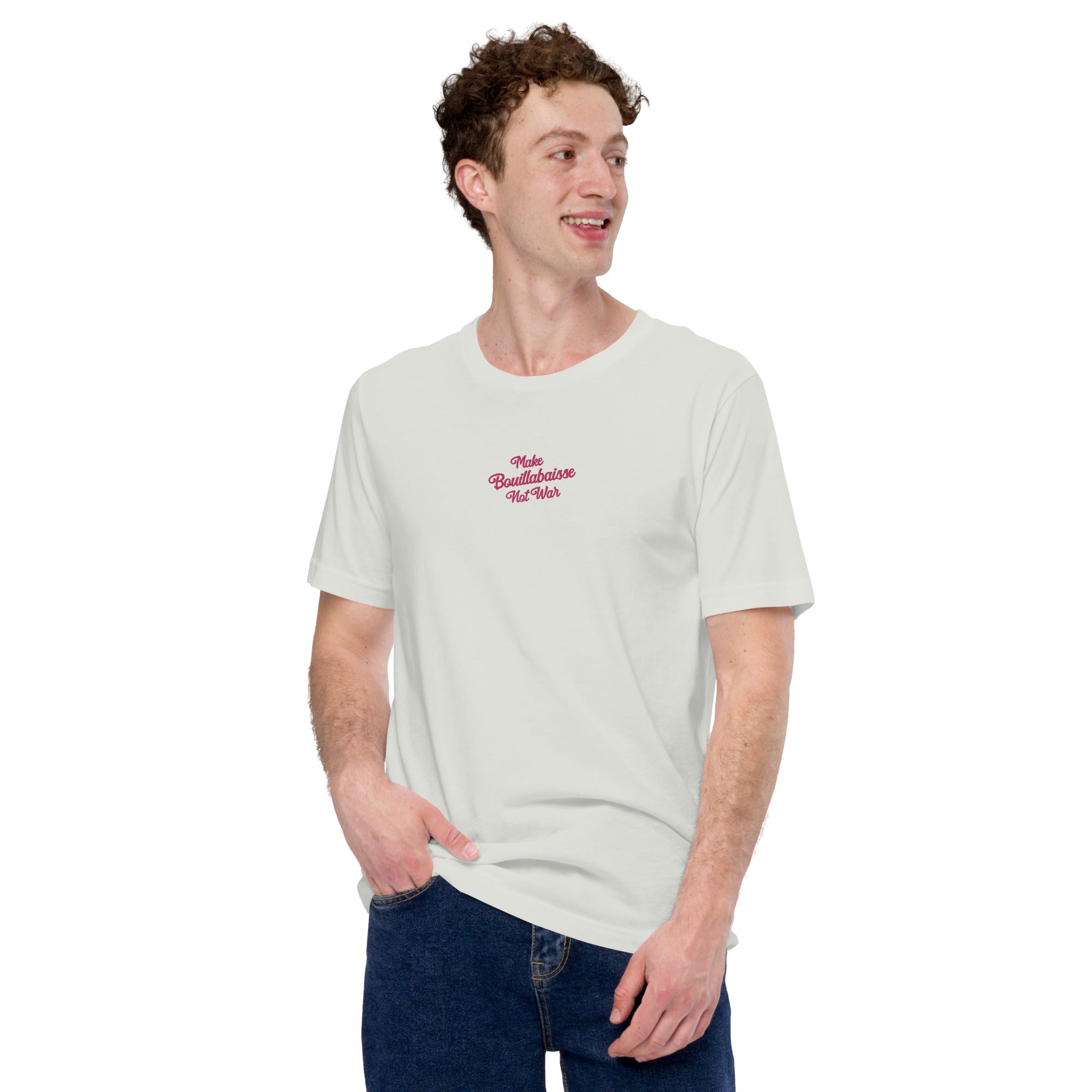 Unisex t-shirt Make Bouillabaisse Not War Text Only flamingo embroidered pattern on light colors