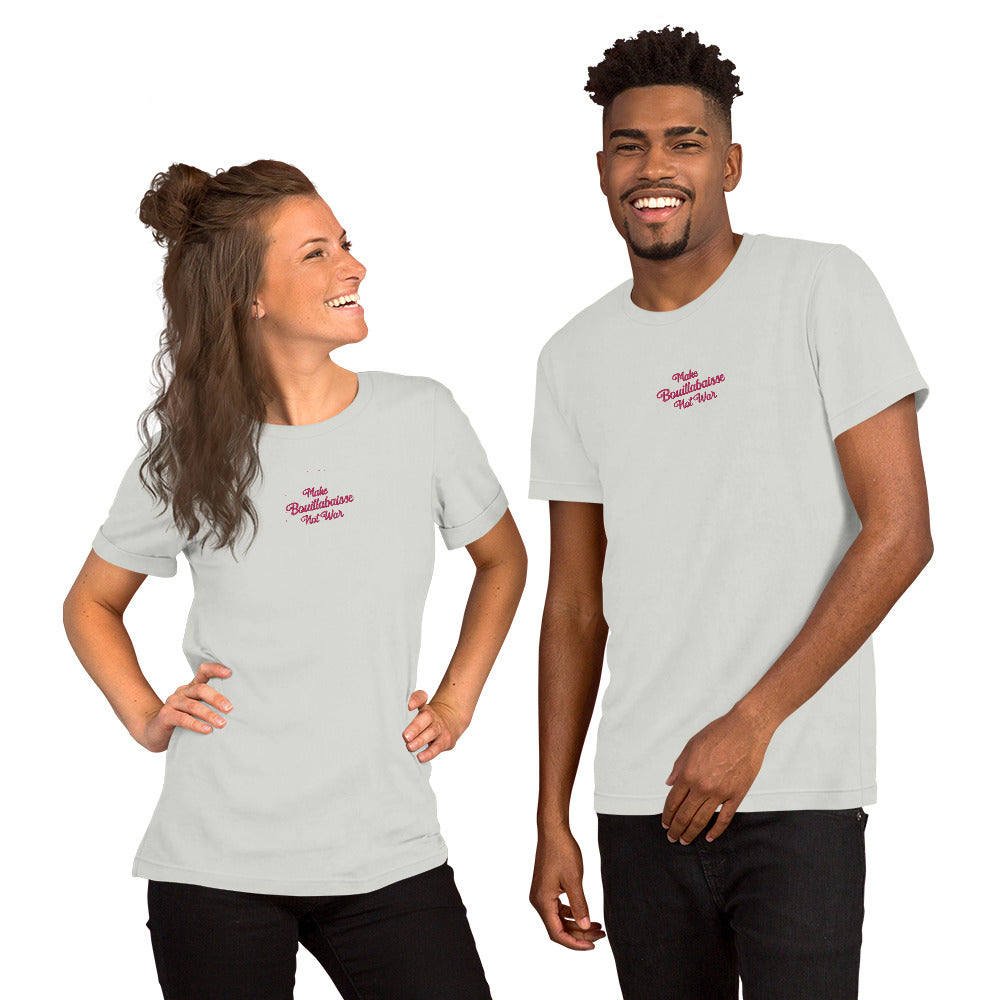 Unisex t-shirt Make Bouillabaisse Not War Text Only flamingo embroidered pattern on light colors