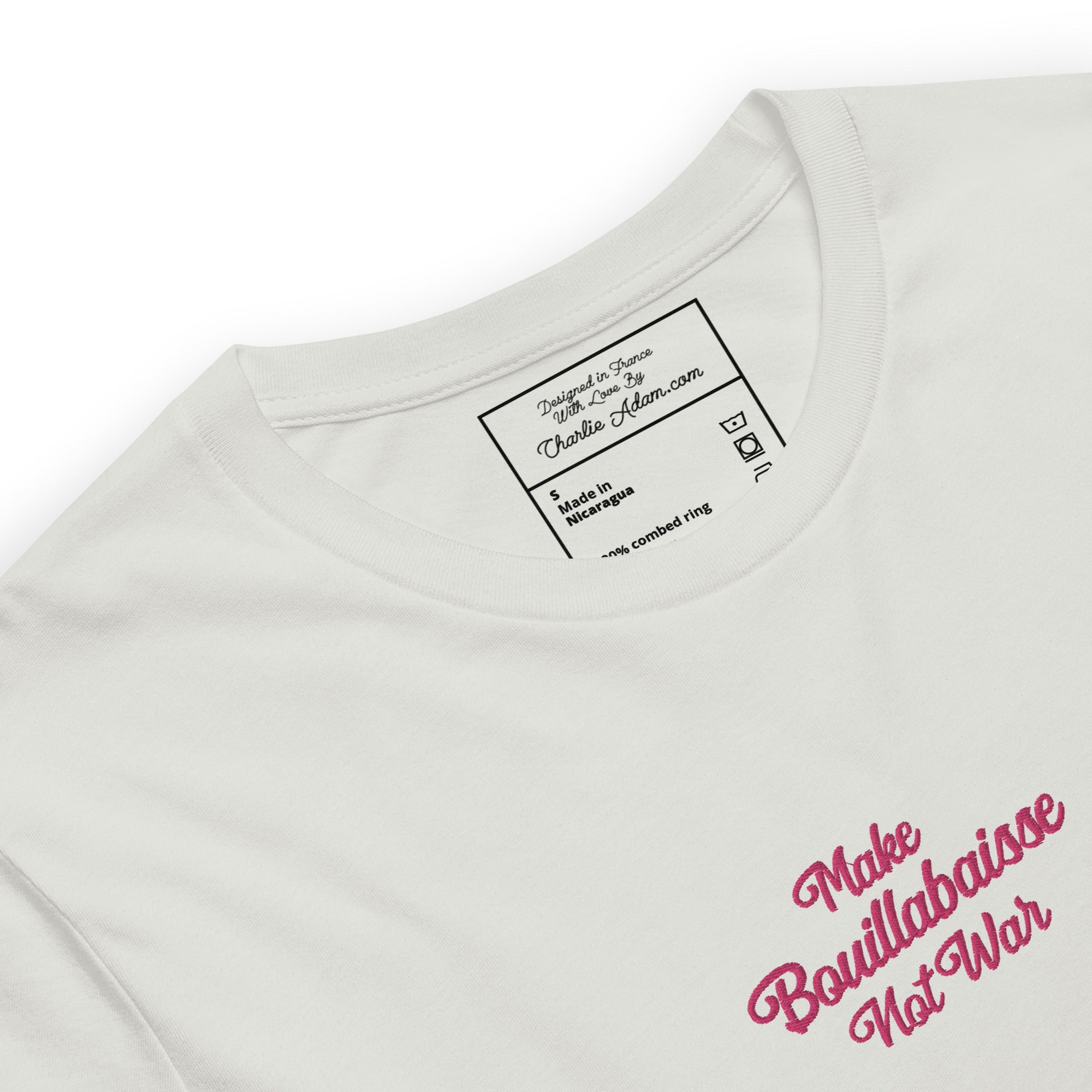 Unisex t-shirt Make Bouillabaisse Not War Text Only flamingo embroidered pattern on light colors