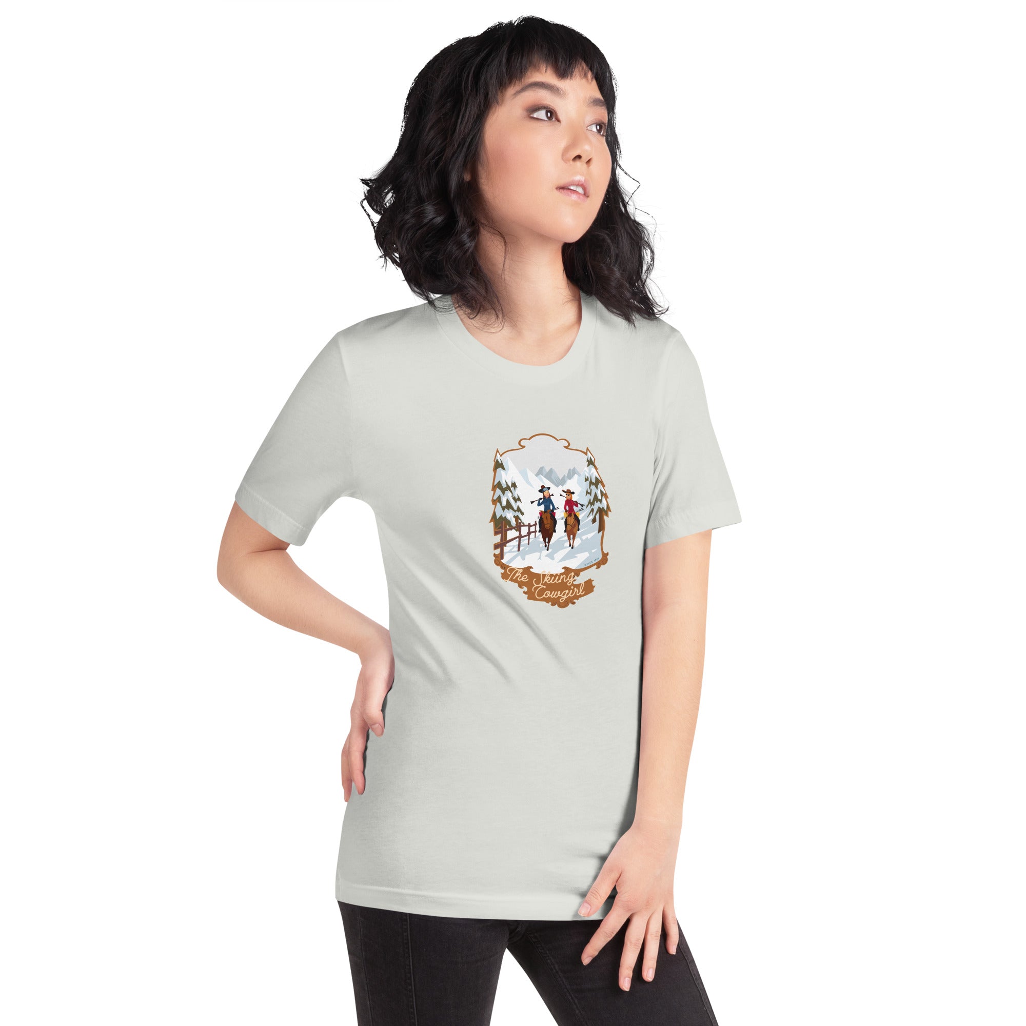 T-shirt en coton unisexe The Skiing Cowgirl sur fond clair