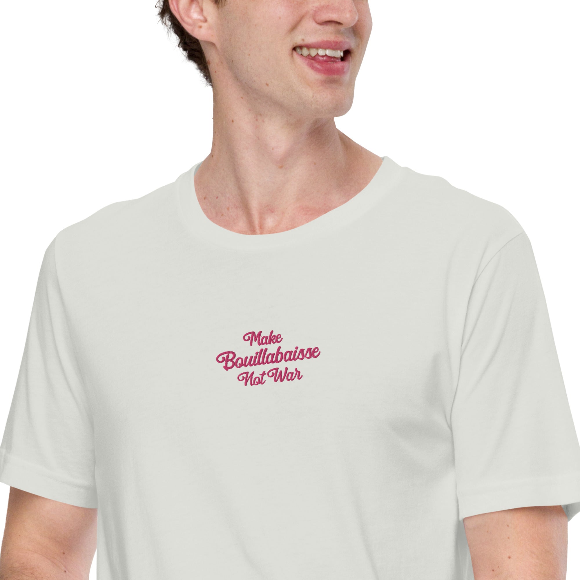 Unisex t-shirt Make Bouillabaisse Not War Text Only flamingo embroidered pattern on light colors