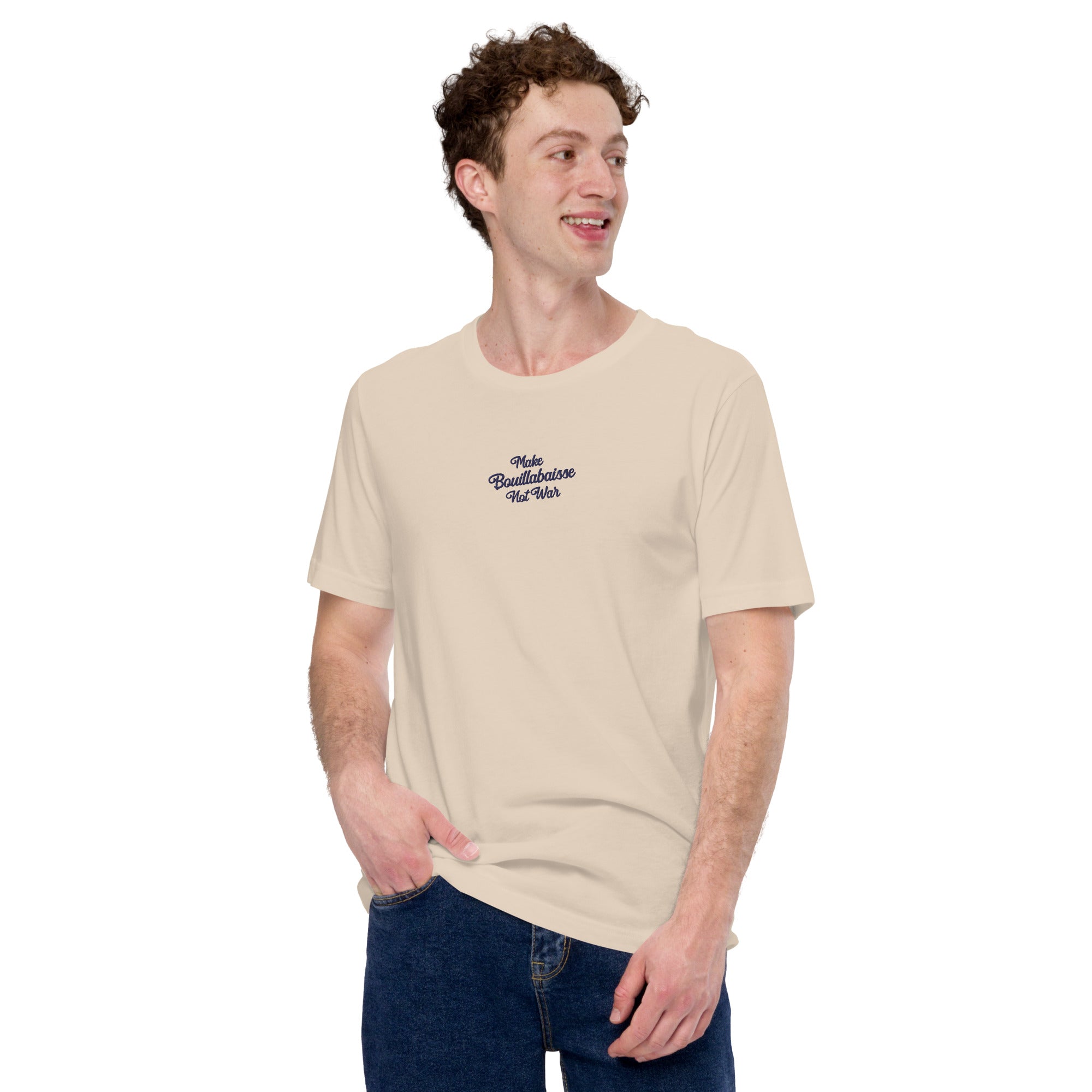 T-shirt en coton unisexe Make Bouillabaisse Not War Navy brodé sur couleurs claires