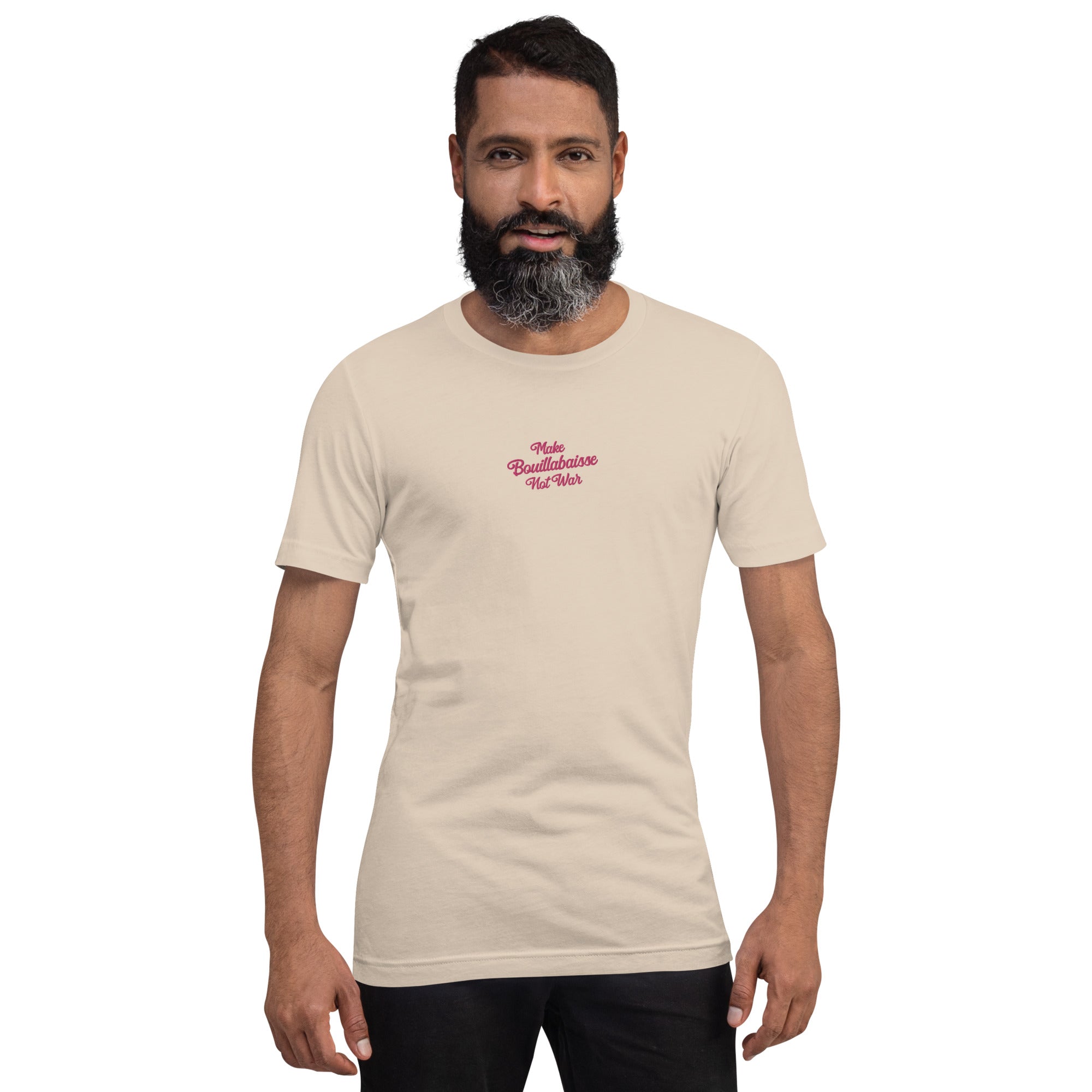 Unisex t-shirt Make Bouillabaisse Not War Text Only flamingo embroidered pattern on light colors