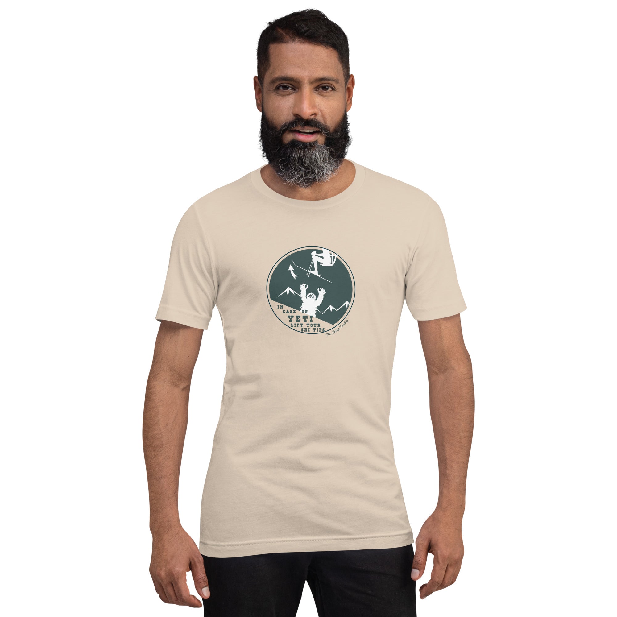 T-shirt en coton unisexe In case of Yeti, lift your ski tips sur couleurs claires