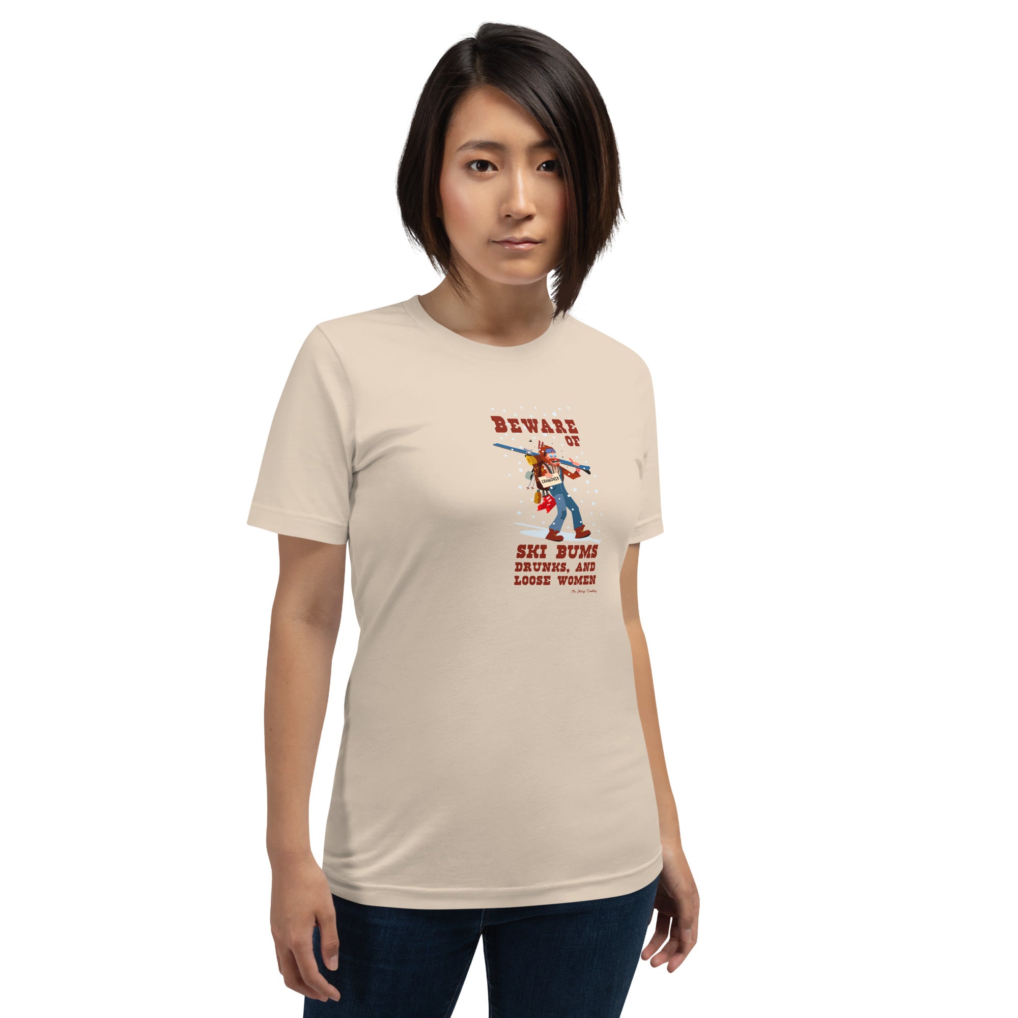 T-shirt en coton unisexe Beware of ski bums, drunks and loose women sur couleurs claires