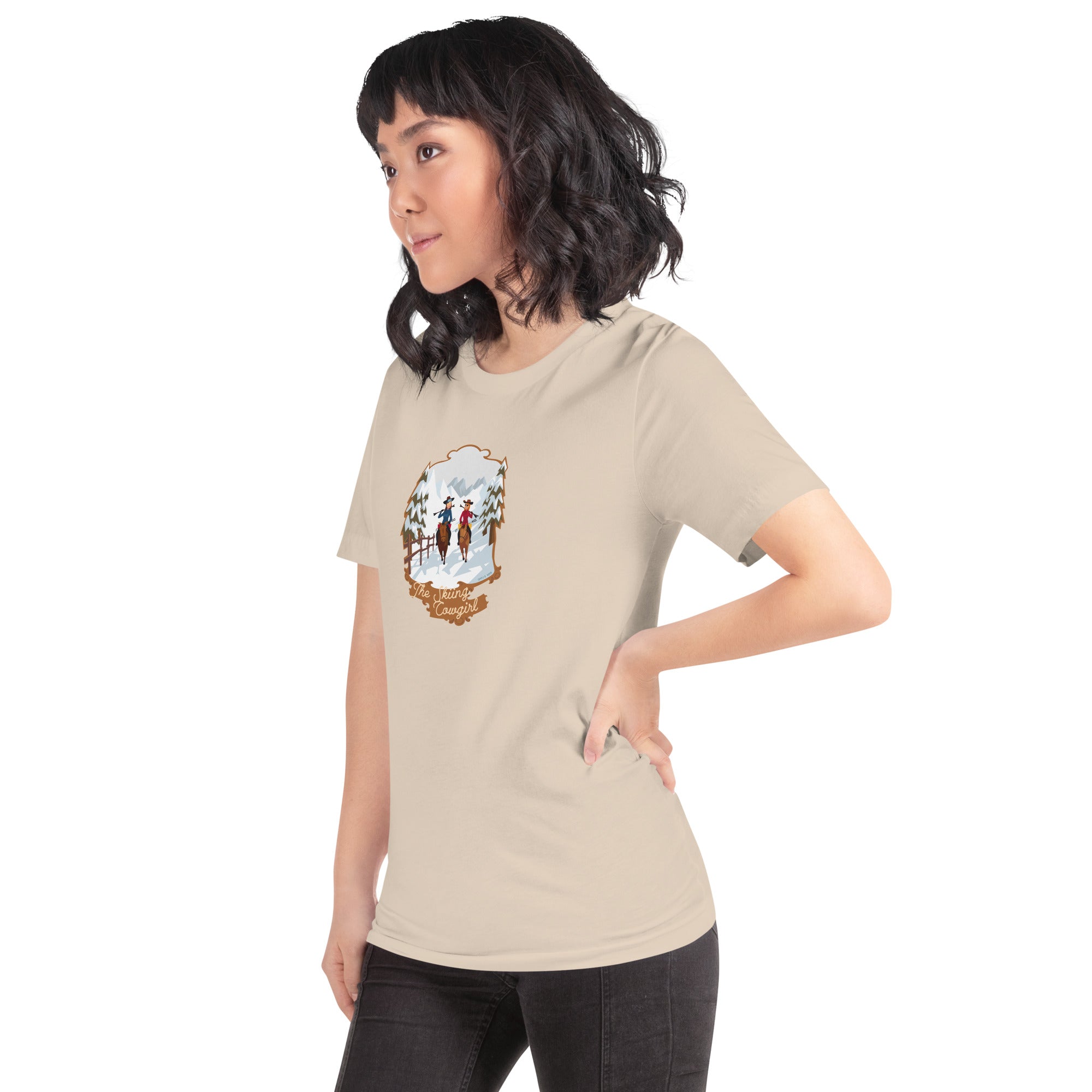 Unisex cotton t-shirt The Skiing Cowgirl on light colors