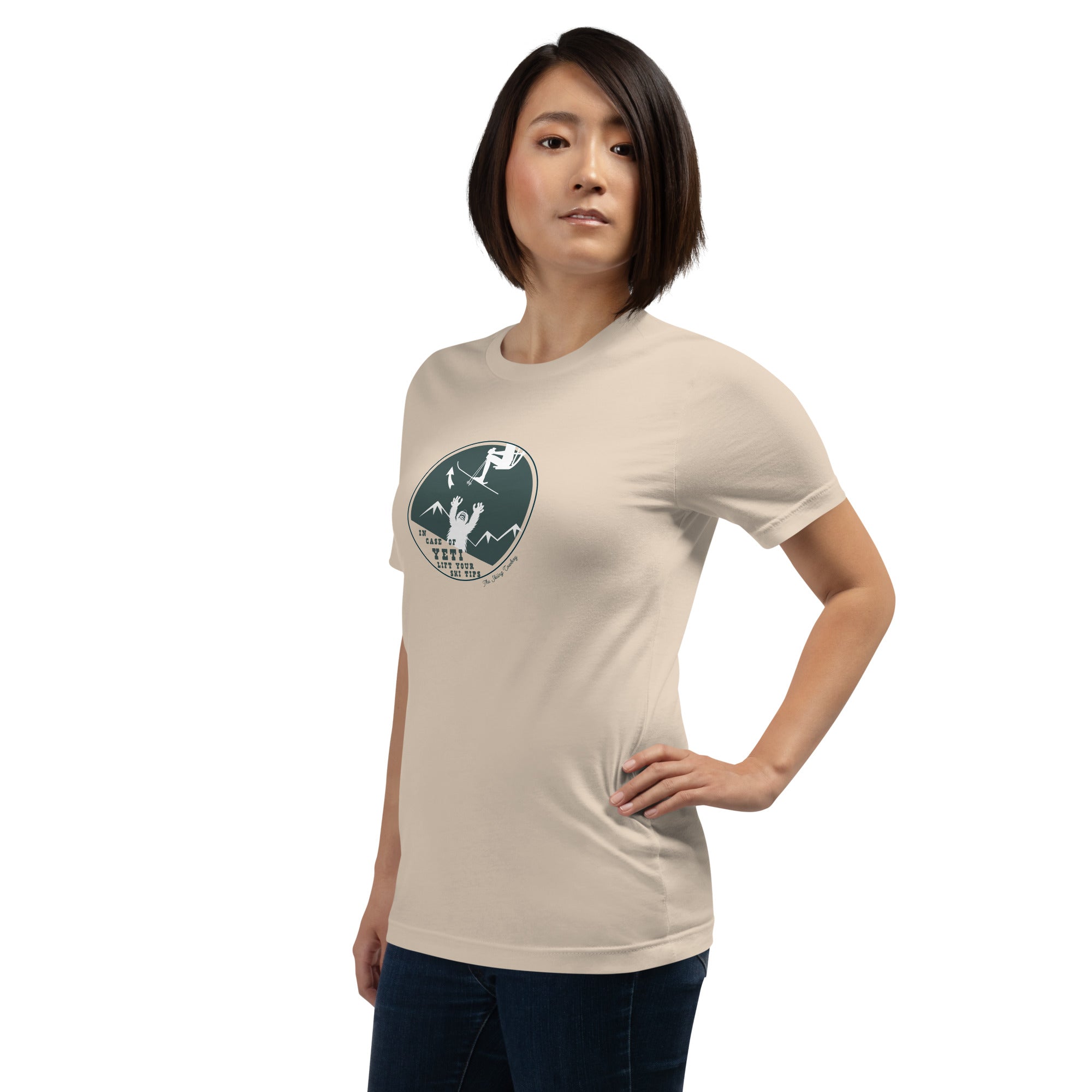 T-shirt en coton unisexe In case of Yeti, lift your ski tips sur couleurs claires