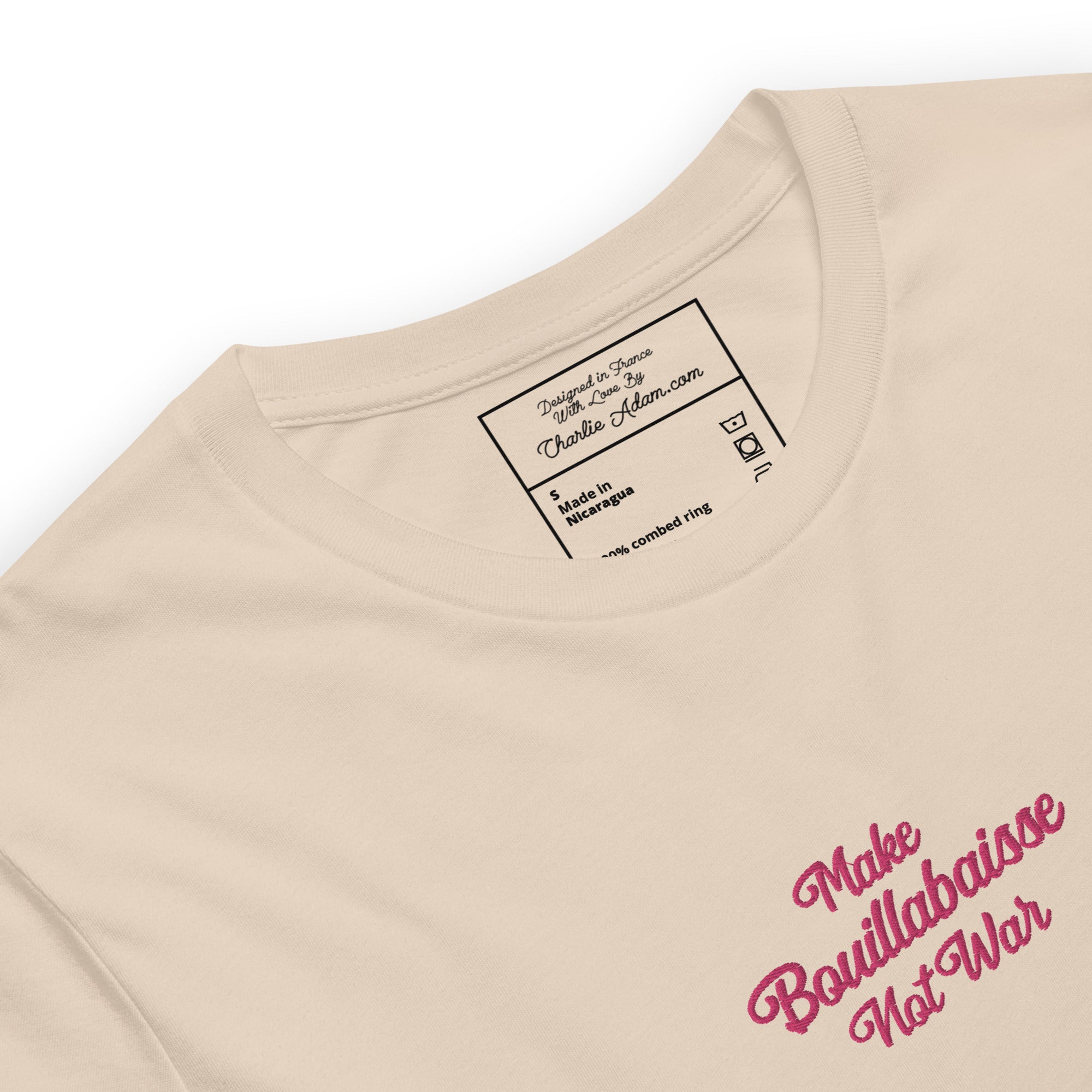 Unisex t-shirt Make Bouillabaisse Not War Text Only flamingo embroidered pattern on light colors