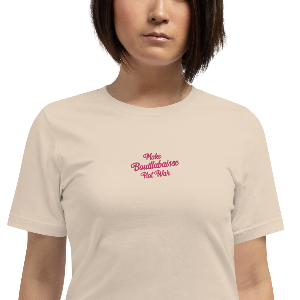 Unisex t-shirt Make Bouillabaisse Not War Text Only flamingo embroidered pattern on light colors