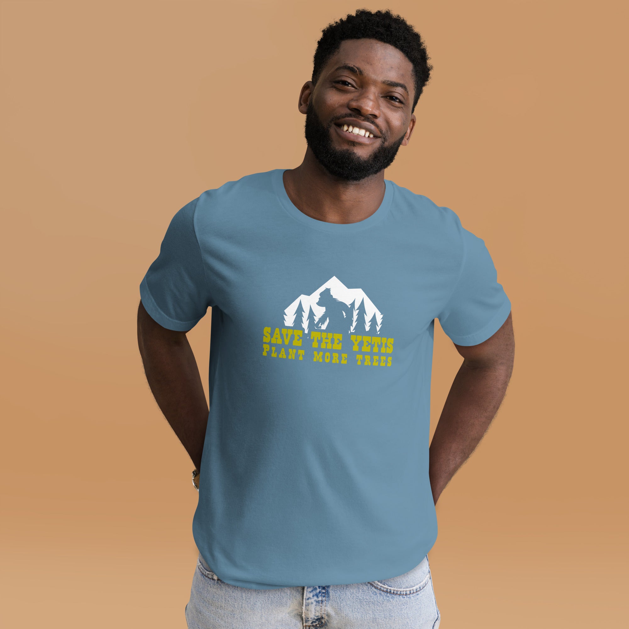 Unisex cotton t-shirt Save the Yetis Plant more Trees on dark colors (front & back)