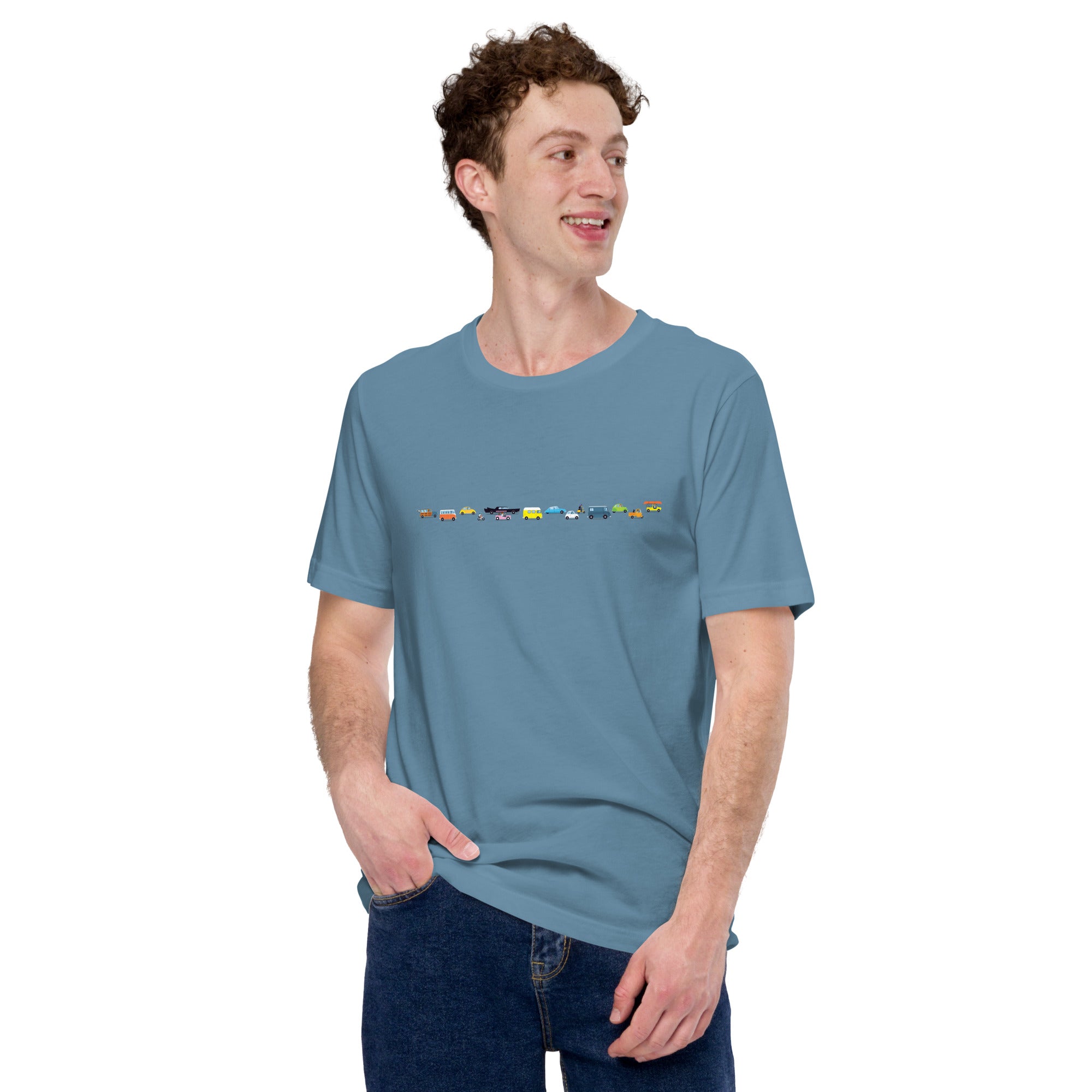 T-shirt en coton unisexe Vintage Cars Traffic Jam sur fond sombre