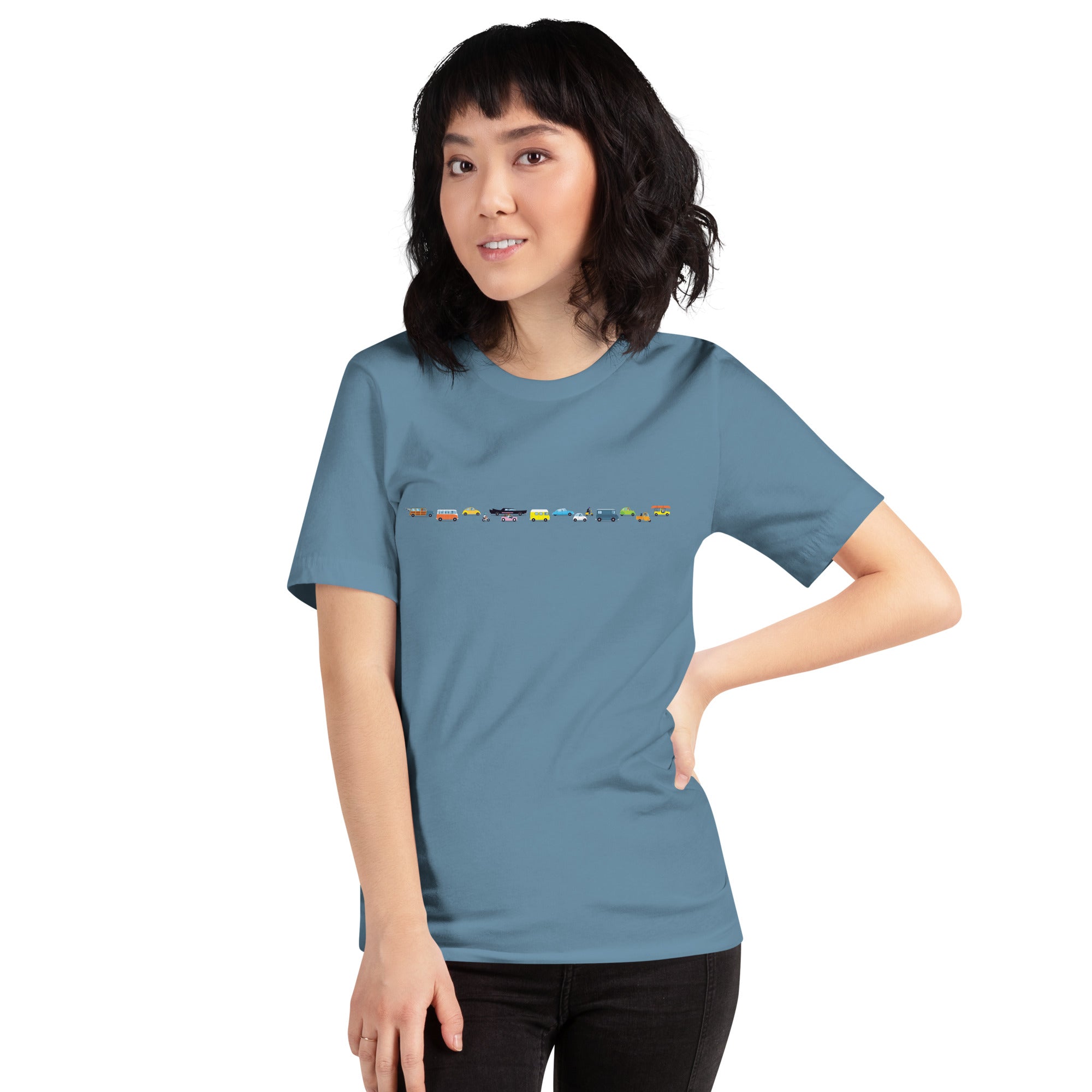 T-shirt en coton unisexe Vintage Cars Traffic Jam sur fond sombre