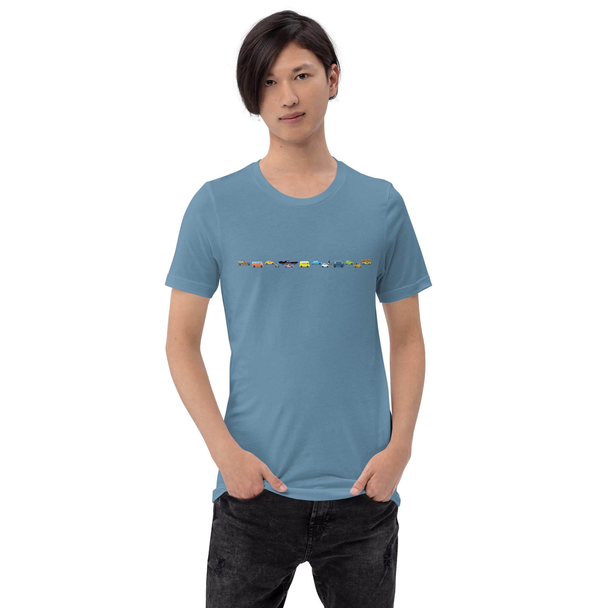 T-shirt en coton unisexe Vintage Cars Traffic Jam sur fond sombre