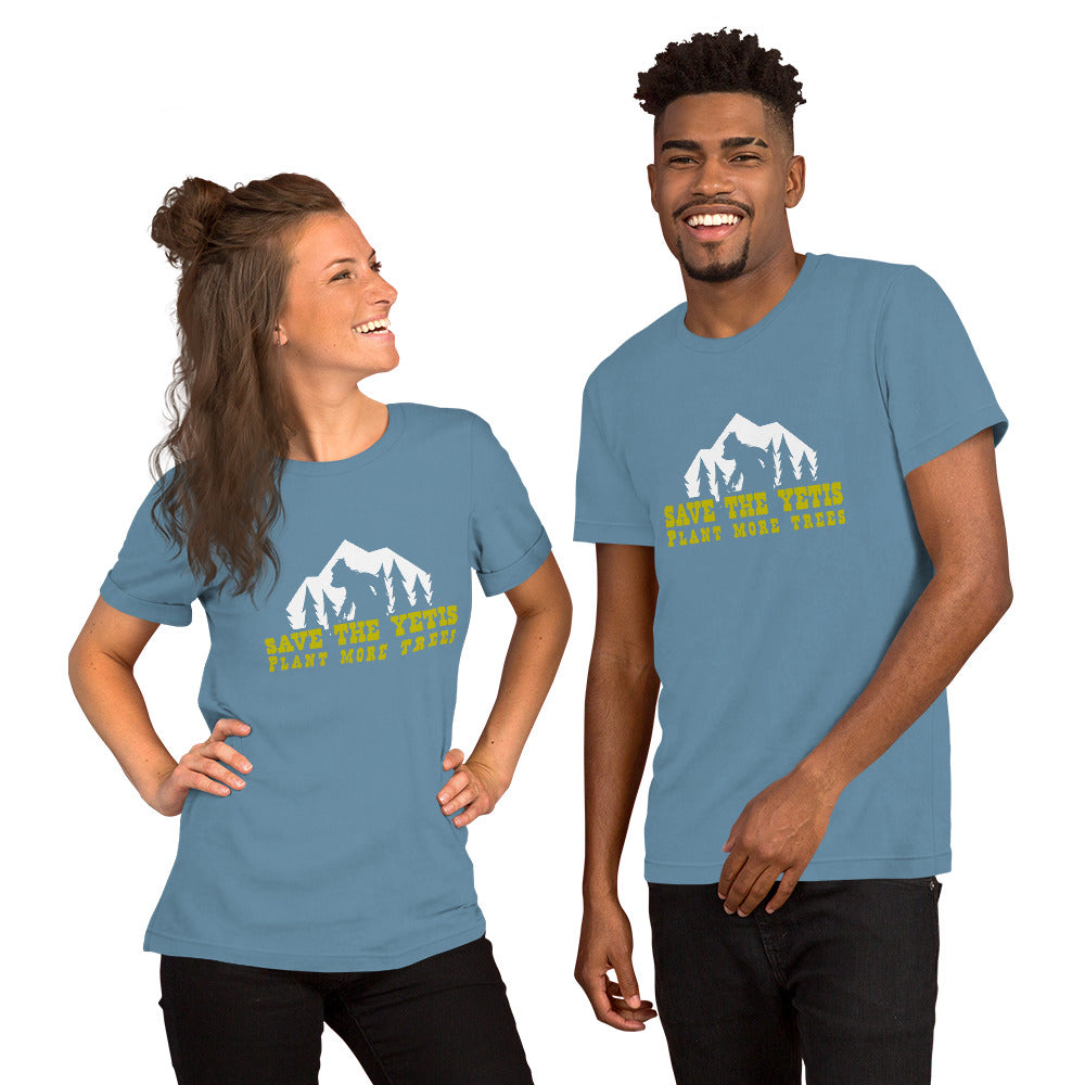 Unisex cotton t-shirt Save the Yetis Plant more Trees on dark colors (front & back)