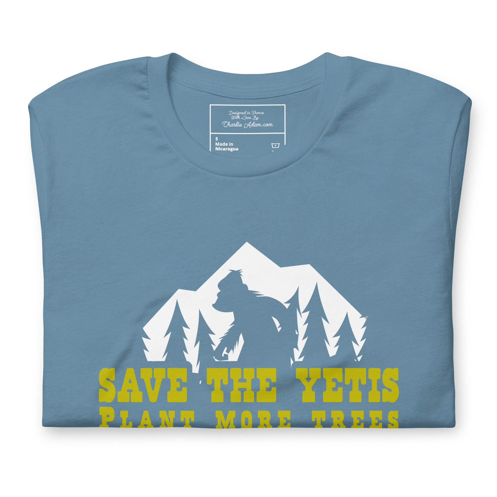 T-shirt en coton unisexe Save the Yetis Plant more Trees sur couleurs foncées