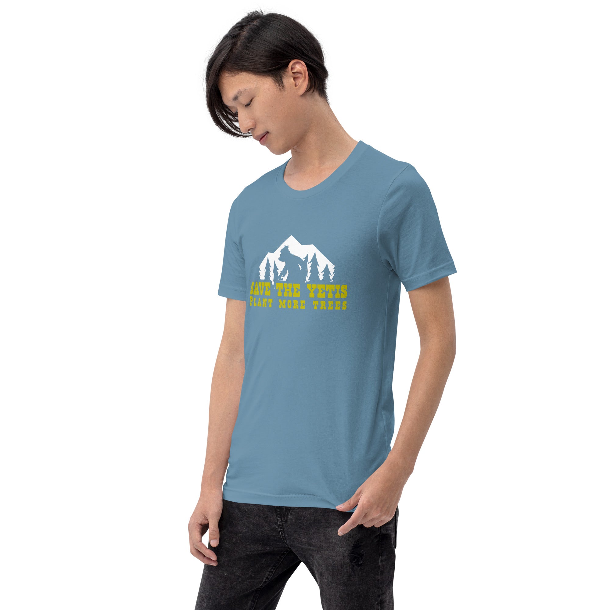 Unisex cotton t-shirt Save the Yetis Plant more Trees on dark colors (front & back)