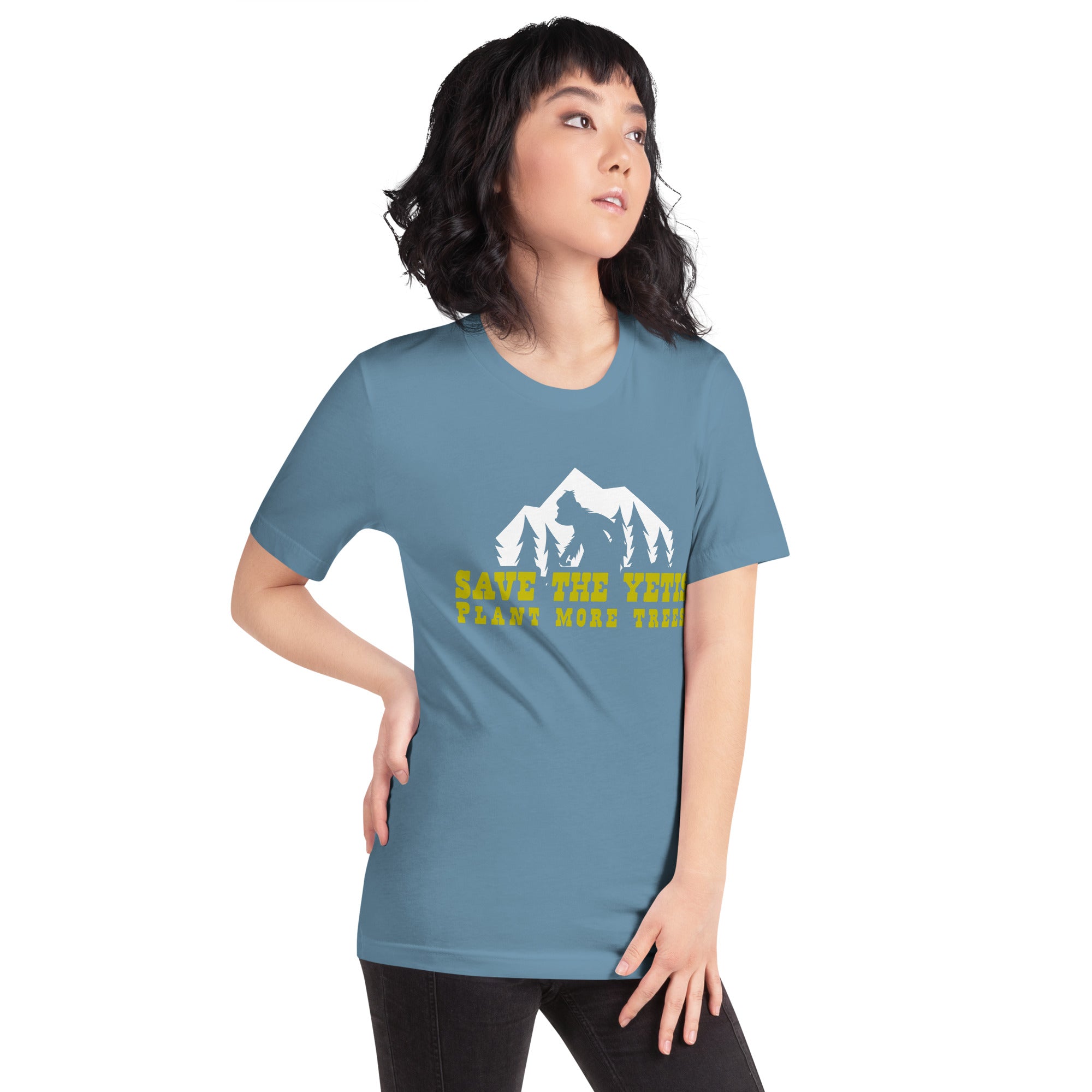 T-shirt en coton unisexe Save the Yetis Plant more Trees sur couleurs foncées