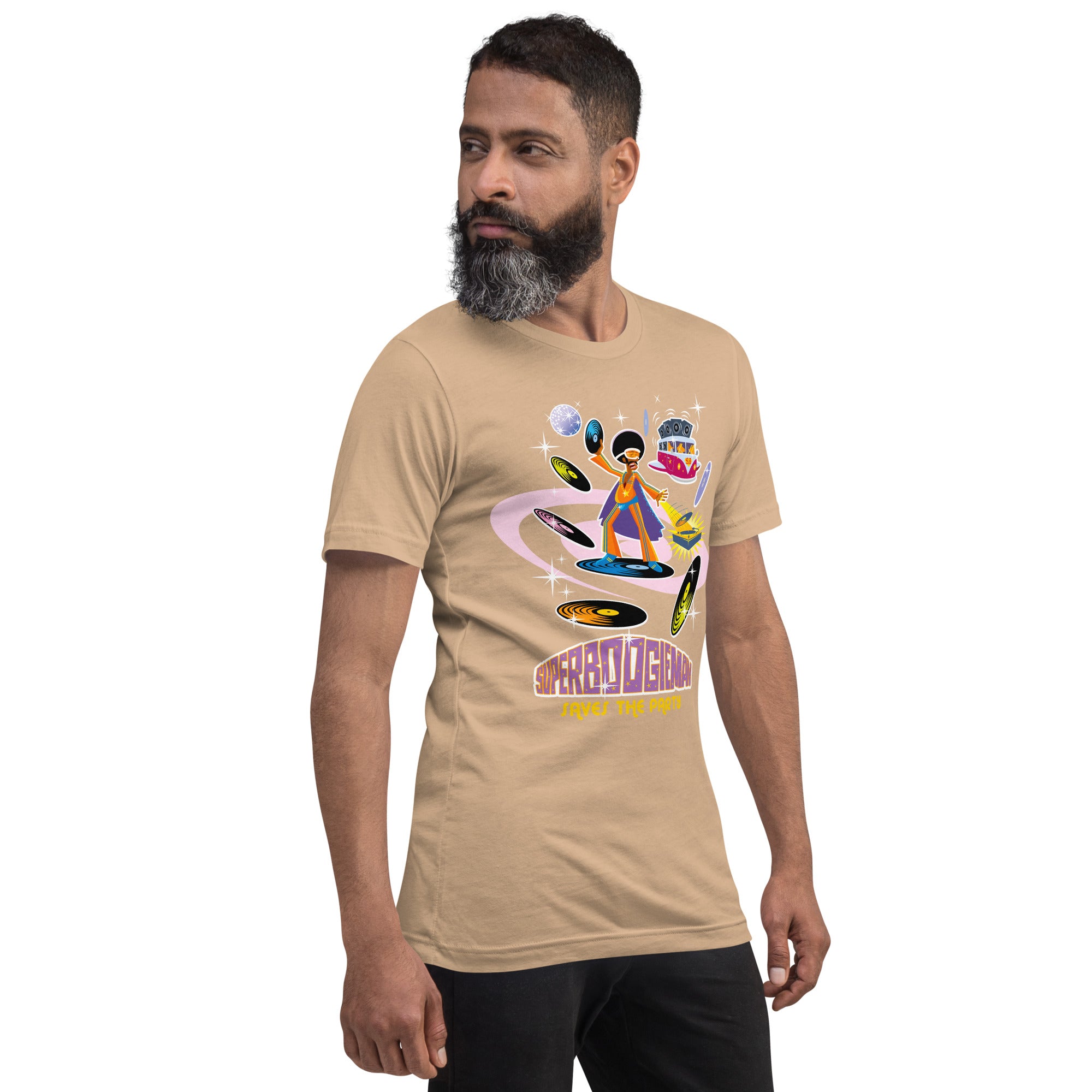 Unisex cotton t-shirt Superboogieman saves the Party on bright colors