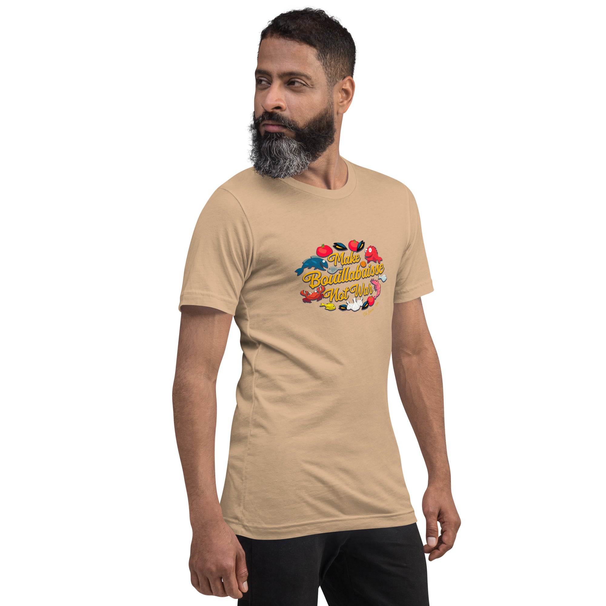 Unisex cotton t-shirt Make Bouillabaisse Not War on bright colors