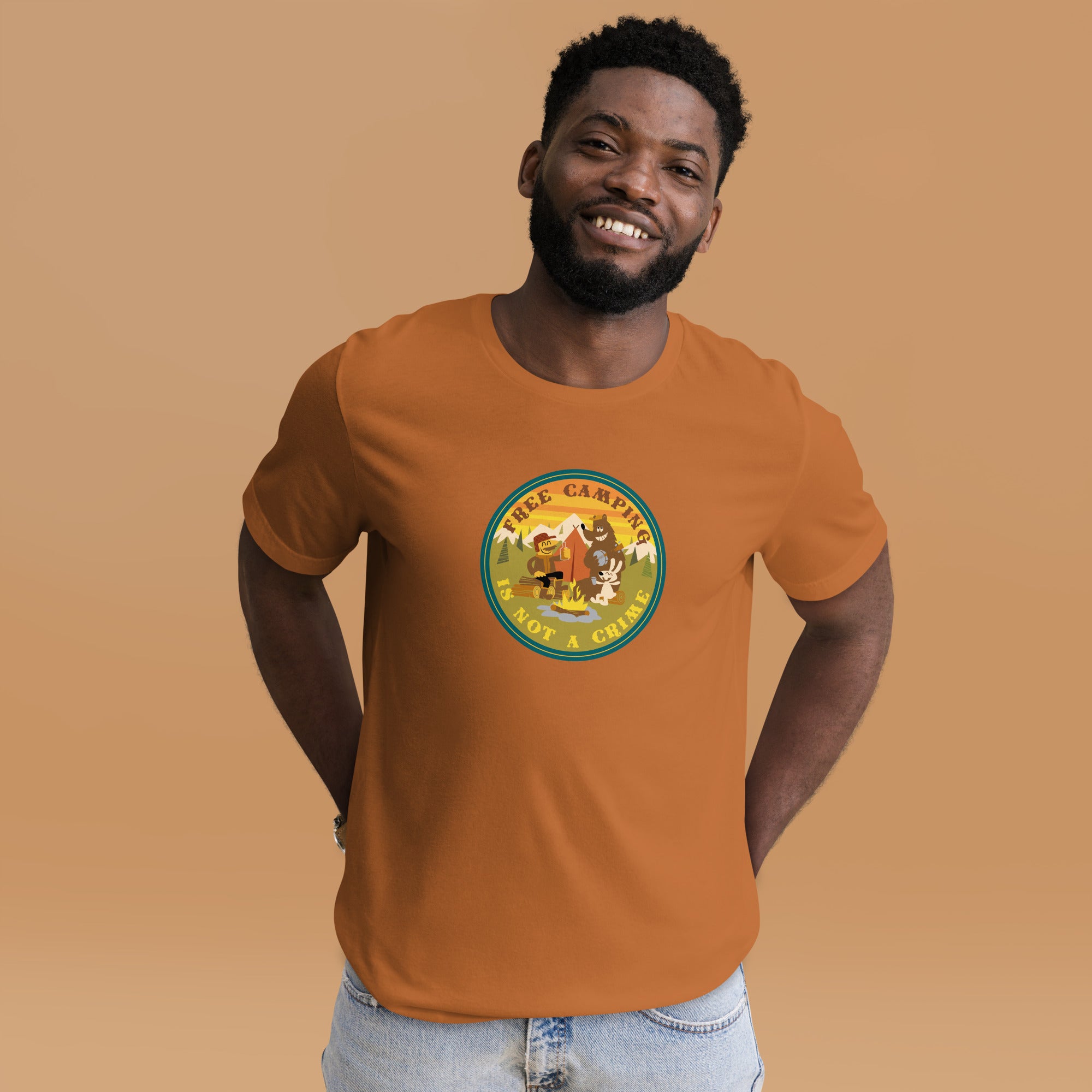 Unisex cotton t-shirt Free Camping is not a Crime on bright colors