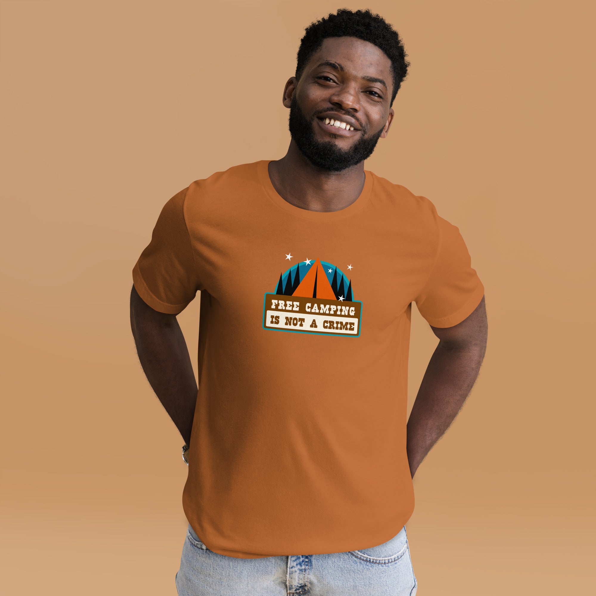 Unisex cotton t-shirt Free Camping is not a Crime on bright colors