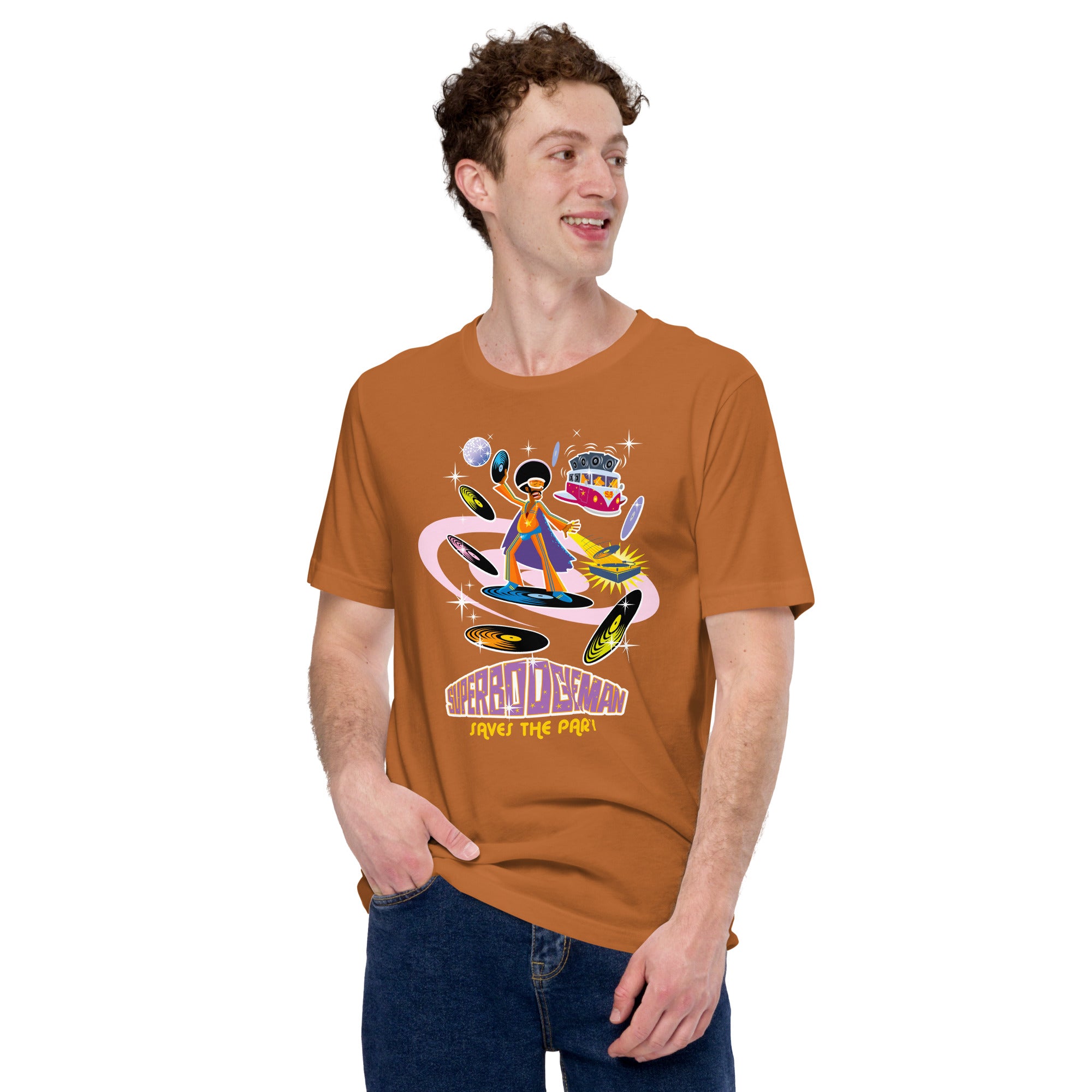 Unisex cotton t-shirt Superboogieman saves the Party on bright colors