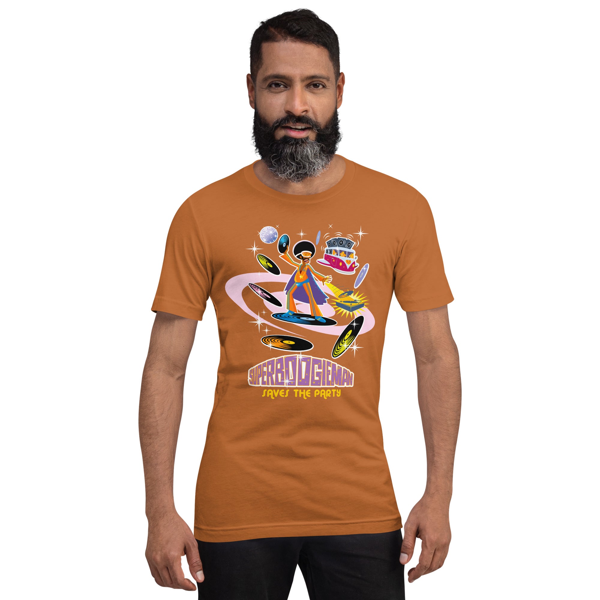 Unisex cotton t-shirt Superboogieman saves the Party on bright colors