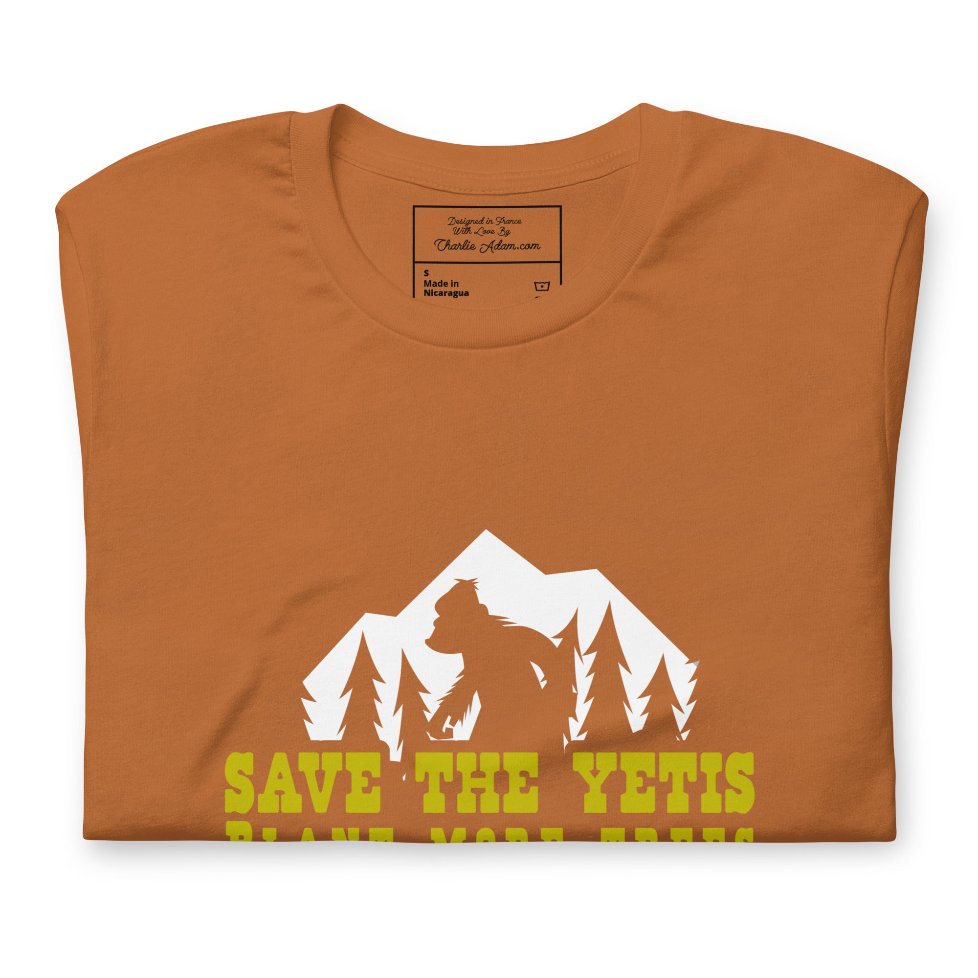 T-shirt en coton unisexe Save the Yetis Plant more Trees sur couleurs vives (face & dos)