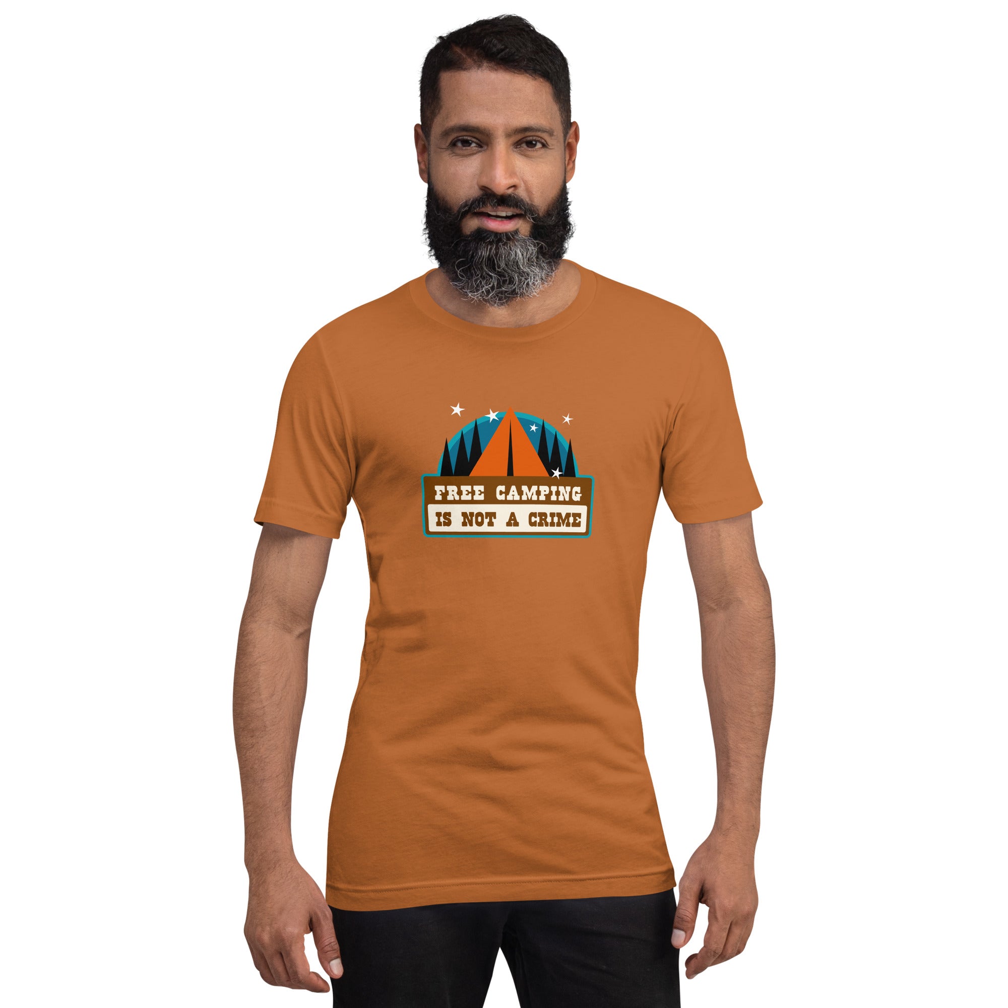 Unisex cotton t-shirt Free Camping is not a Crime on bright colors