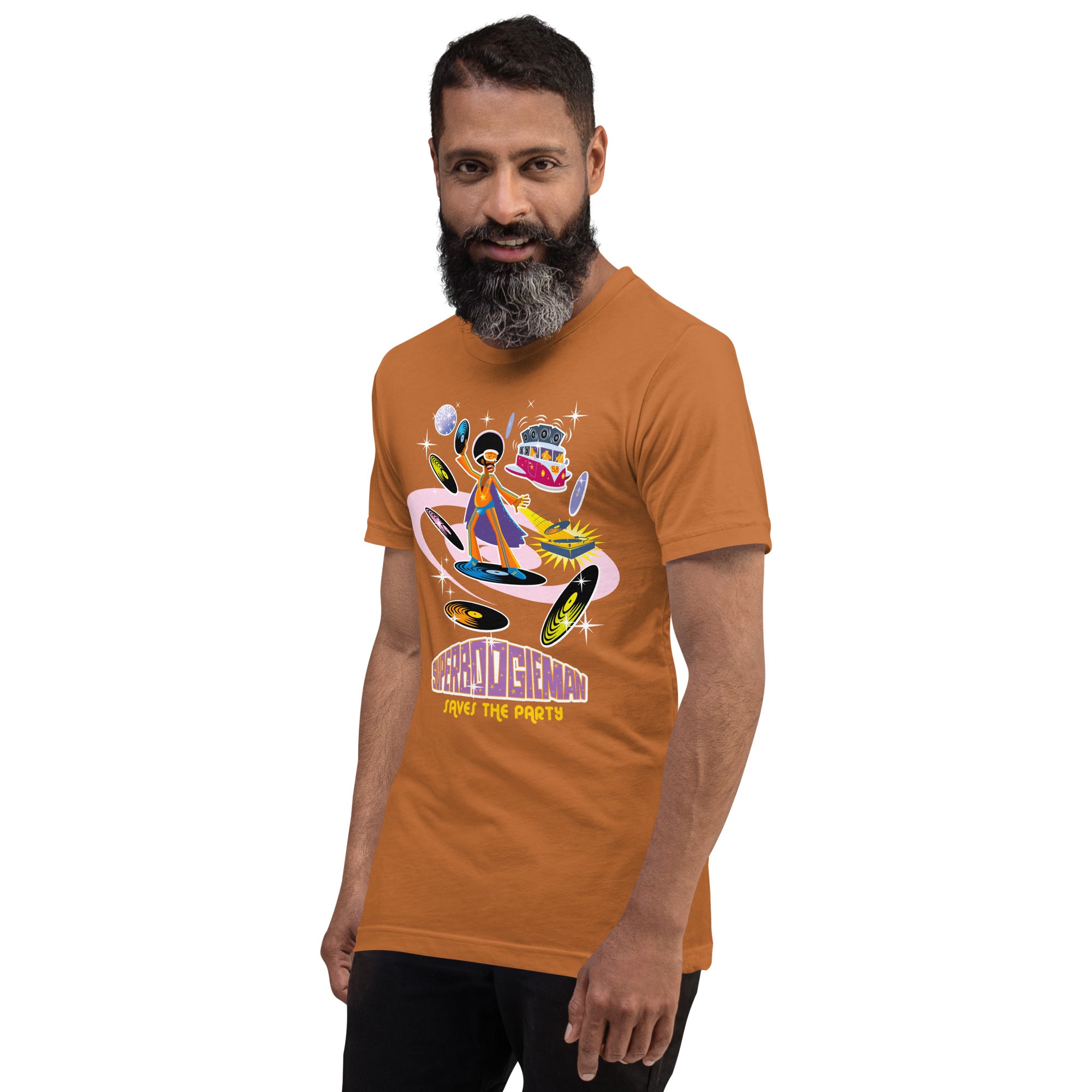 T-shirt en coton unisexe Superboogieman saves the party sur couleurs vives