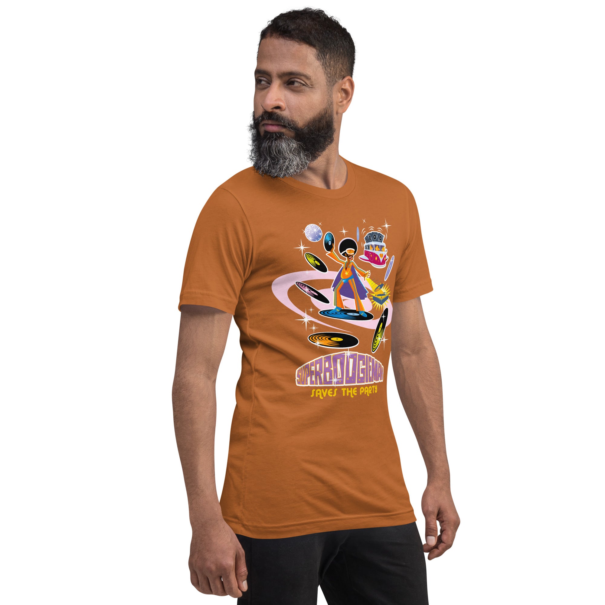 Unisex cotton t-shirt Superboogieman saves the Party on bright colors