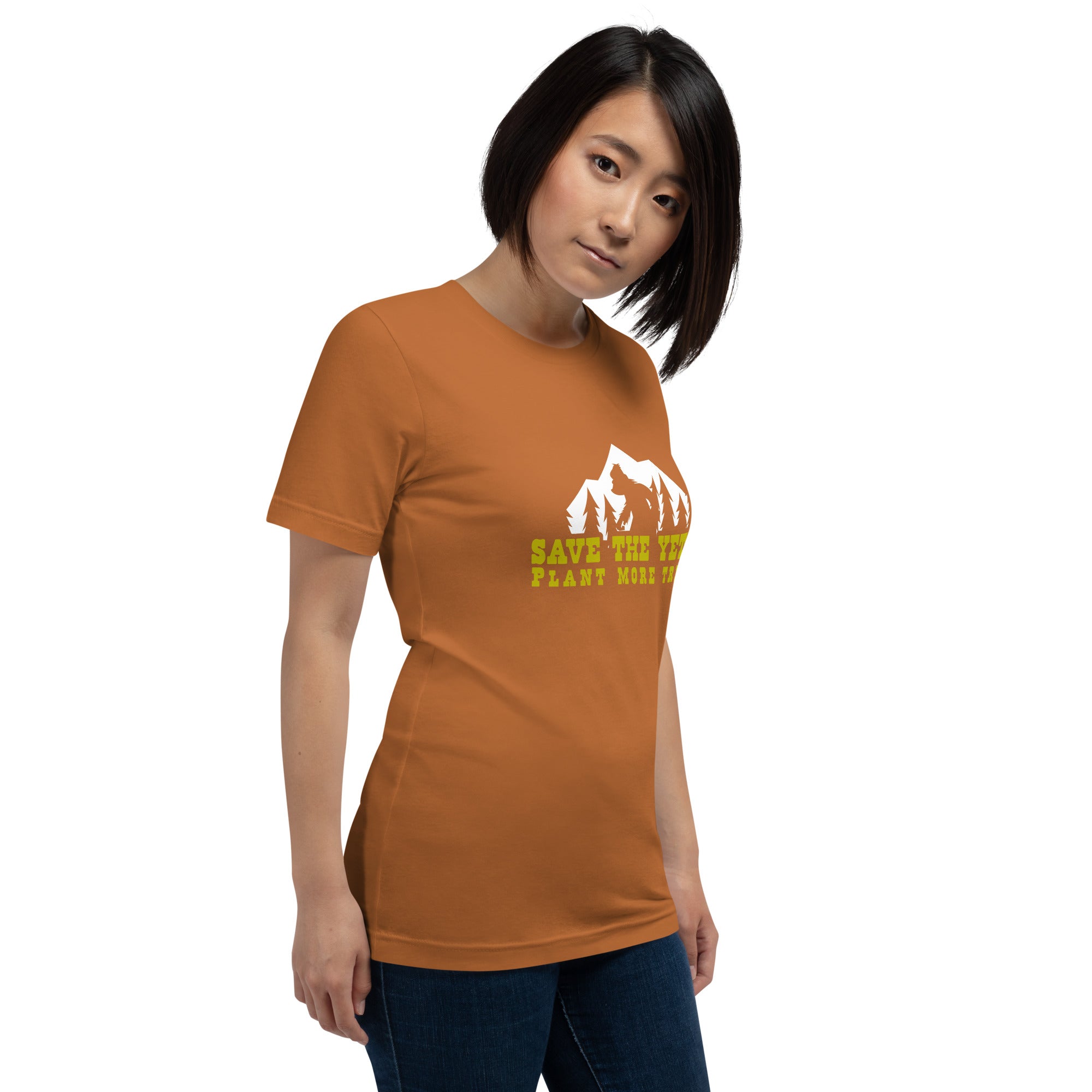 T-shirt en coton unisexe Save the Yetis Plant more Trees sur couleurs vives (face & dos)