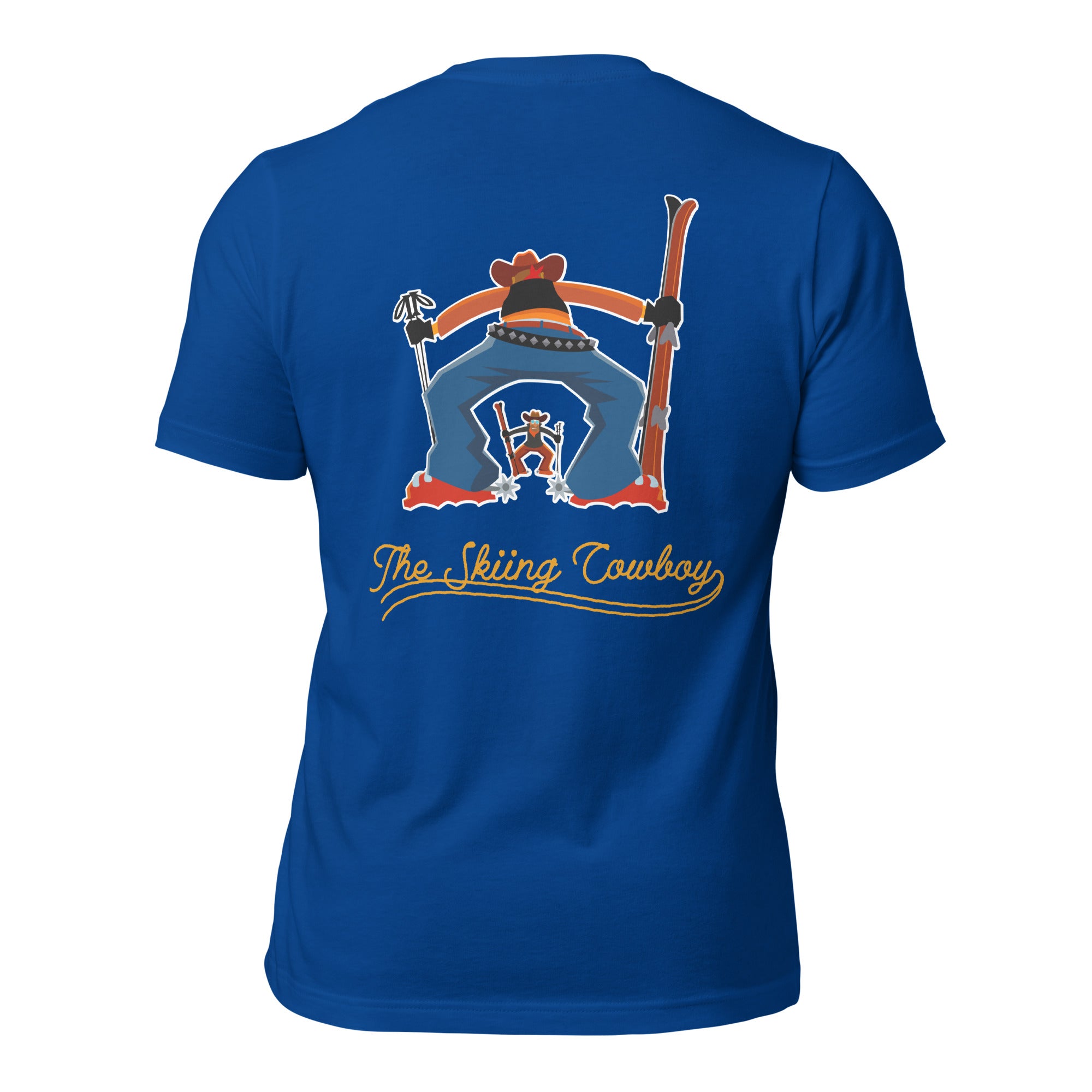 Unisex t-shirt Skiing Cowboy (front) & Ski Fight at OK Corral Outline (back)