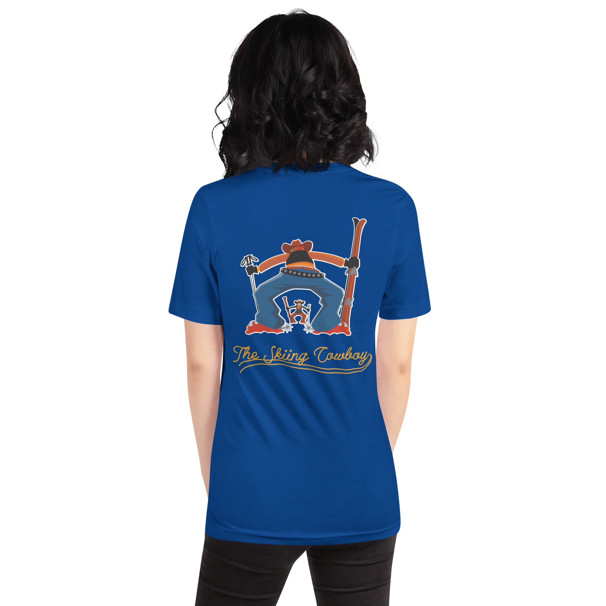 Unisex t-shirt Skiing Cowboy (front) & Ski Fight at OK Corral Outline (back)